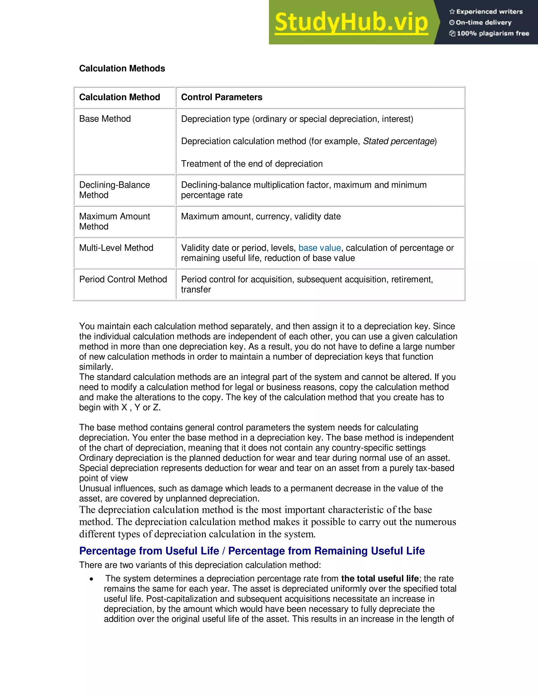 Calculation Methods
Calculation Method Control Parameters
Base Method Depreciation type (ordinary or special depreciation, interest)
Depreciation calculation method (for example, Stated percentage)
Treatment of the end of depreciation
Declining-Balance
Method
Declining-balance multiplication factor, maximum and minimum
percentage rate
Maximum Amount
Method
Maximum amount, currency, validity date
Multi-Level Method Validity date or period, levels, base value, calculation of percentage or
remaining useful life, reduction of base value
Period Control Method Period control for acquisition, subsequent acquisition, retirement,
transfer
You maintain each calculation method separately, and then assign it to a depreciation key. Since
the individual calculation methods are independent of each other, you can use a given calculation
method in more than one depreciation key. As a result, you do not have to define a large number
of new calculation methods in order to maintain a number of depreciation keys that function
similarly.
The standard calculation methods are an integral part of the system and cannot be altered. If you
need to modify a calculation method for legal or business reasons, copy the calculation method
and make the alterations to the copy. The key of the calculation method that you create has to
begin with X , Y or Z.
The base method contains general control parameters the system needs for calculating
depreciation. You enter the base method in a depreciation key. The base method is independent
of the chart of depreciation, meaning that it does not contain any country-specific settings
Ordinary depreciation is the planned deduction for wear and tear during normal use of an asset.
Special depreciation represents deduction for wear and tear on an asset from a purely tax-based
point of view
Unusual influences, such as damage which leads to a permanent decrease in the value of the
asset, are covered by unplanned depreciation.
The depreciation calculation method is the most important characteristic of the base
method. The depreciation calculation method makes it possible to carry out the numerous
different types of depreciation calculation in the system.
Percentage from Useful Life / Percentage from Remaining Useful Life
There are two variants of this depreciation calculation method:
 The system determines a depreciation percentage rate from the total useful life; the rate
remains the same for each year. The asset is depreciated uniformly over the specified total
useful life. Post-capitalization and subsequent acquisitions necessitate an increase in
depreciation, by the amount which would have been necessary to fully depreciate the
addition over the original useful life of the asset. This results in an increase in the length of
 