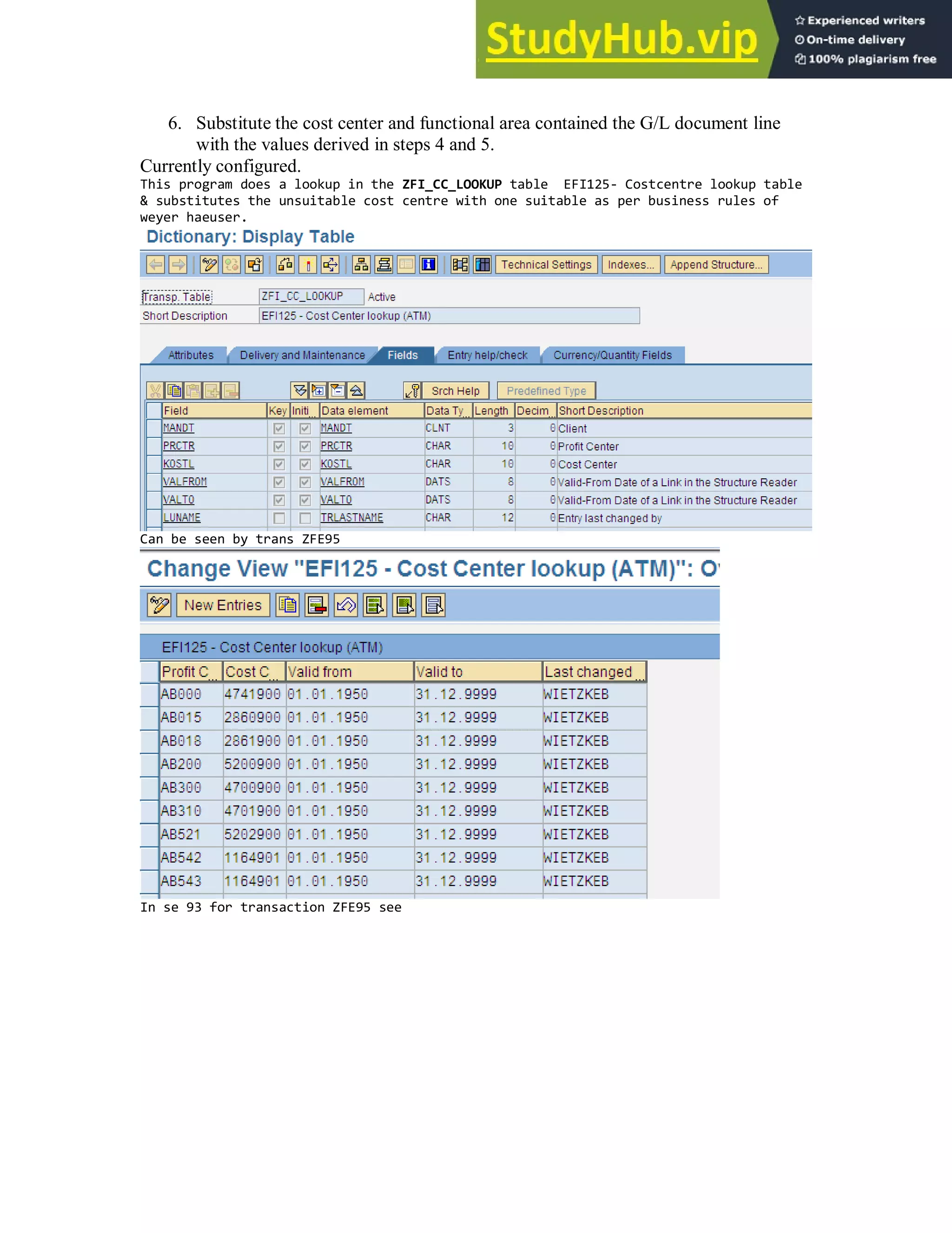 6. Substitute the cost center and functional area contained the G/L document line
with the values derived in steps 4 and 5.
Currently configured.
This program does a lookup in the ZFI_CC_LOOKUP table EFI125- Costcentre lookup table
& substitutes the unsuitable cost centre with one suitable as per business rules of
weyer haeuser.
Can be seen by trans ZFE95
In se 93 for transaction ZFE95 see
 