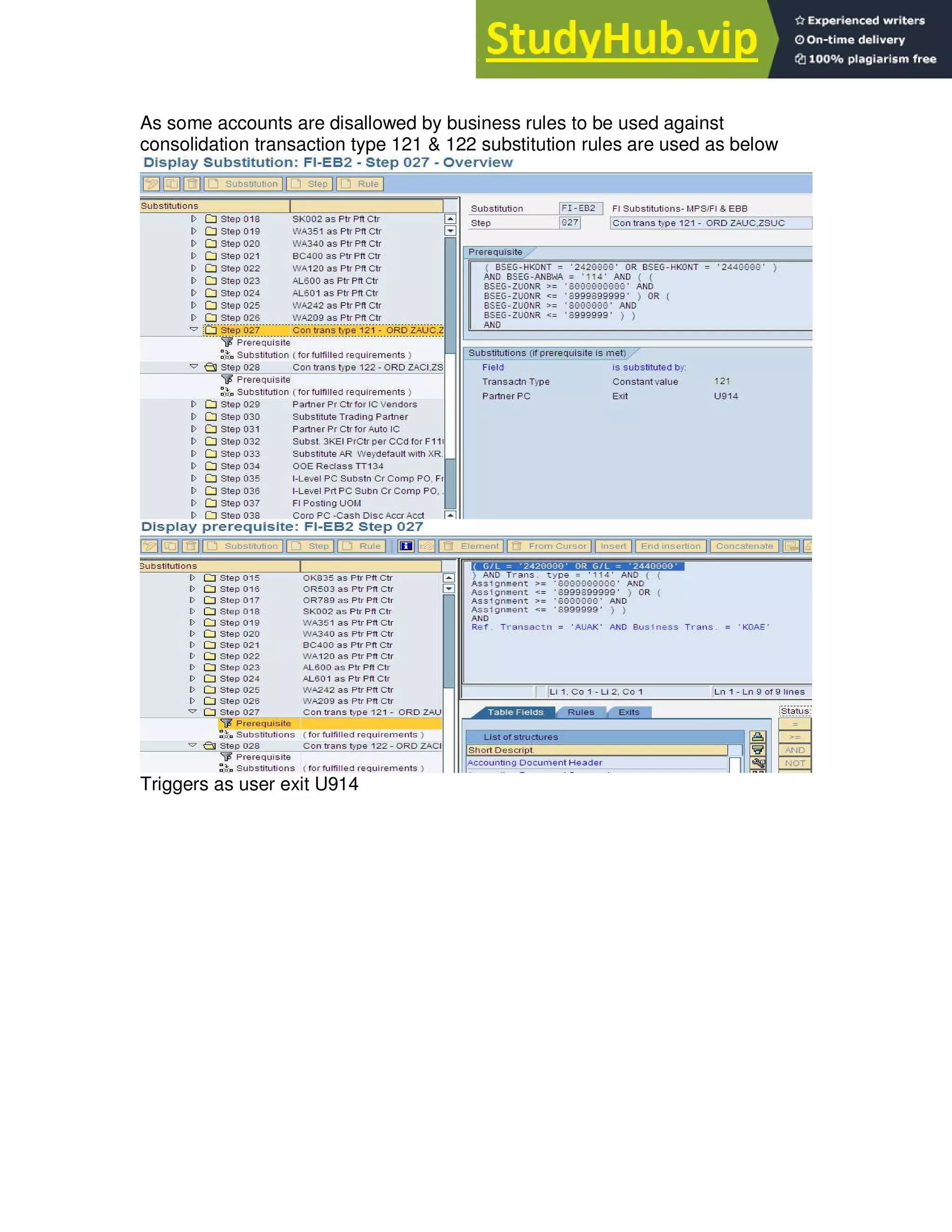 As some accounts are disallowed by business rules to be used against
consolidation transaction type 121 & 122 substitution rules are used as below
Triggers as user exit U914
 