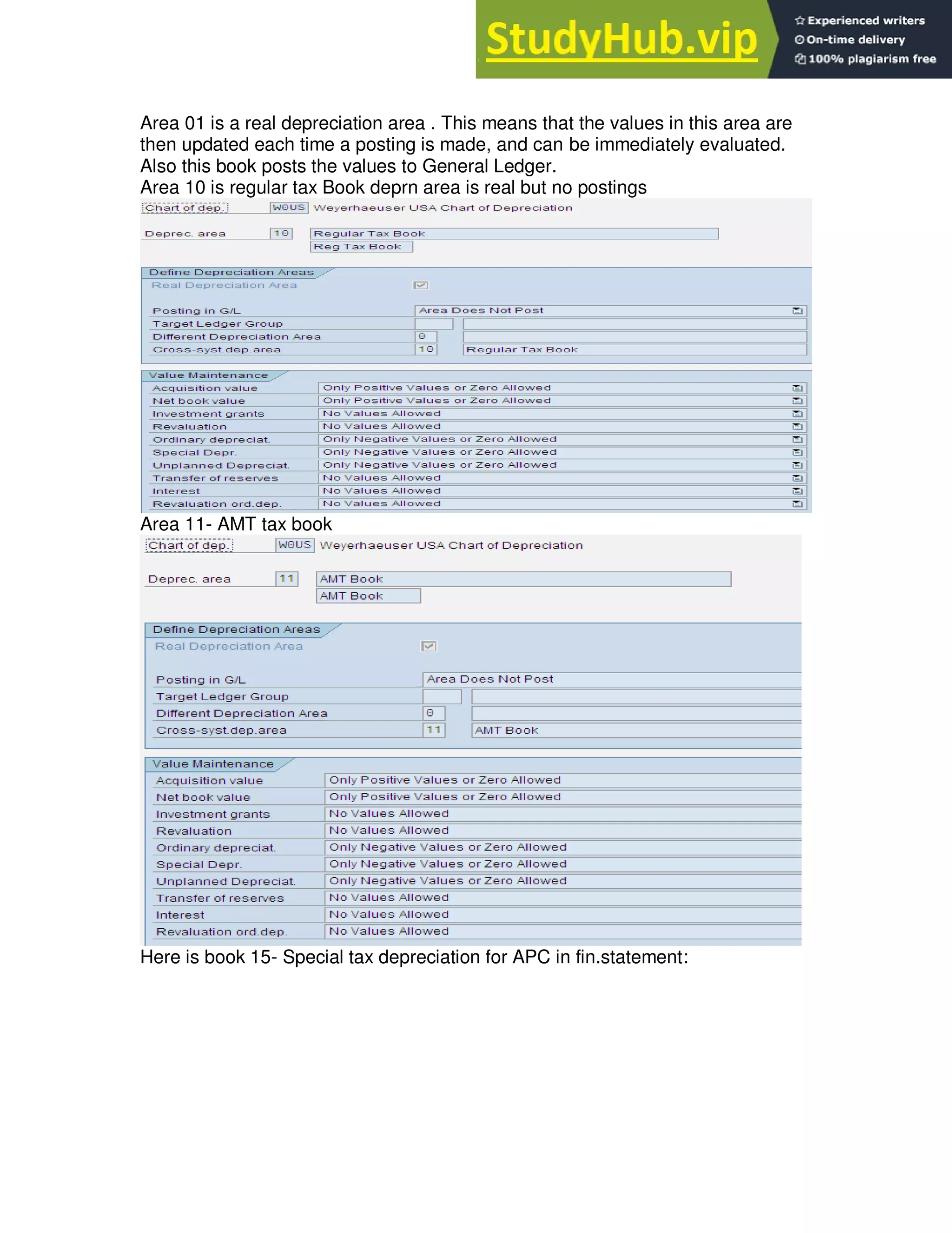 Area 01 is a real depreciation area . This means that the values in this area are
then updated each time a posting is made, and can be immediately evaluated.
Also this book posts the values to General Ledger.
Area 10 is regular tax Book deprn area is real but no postings
Area 11- AMT tax book
Here is book 15- Special tax depreciation for APC in fin.statement:
 