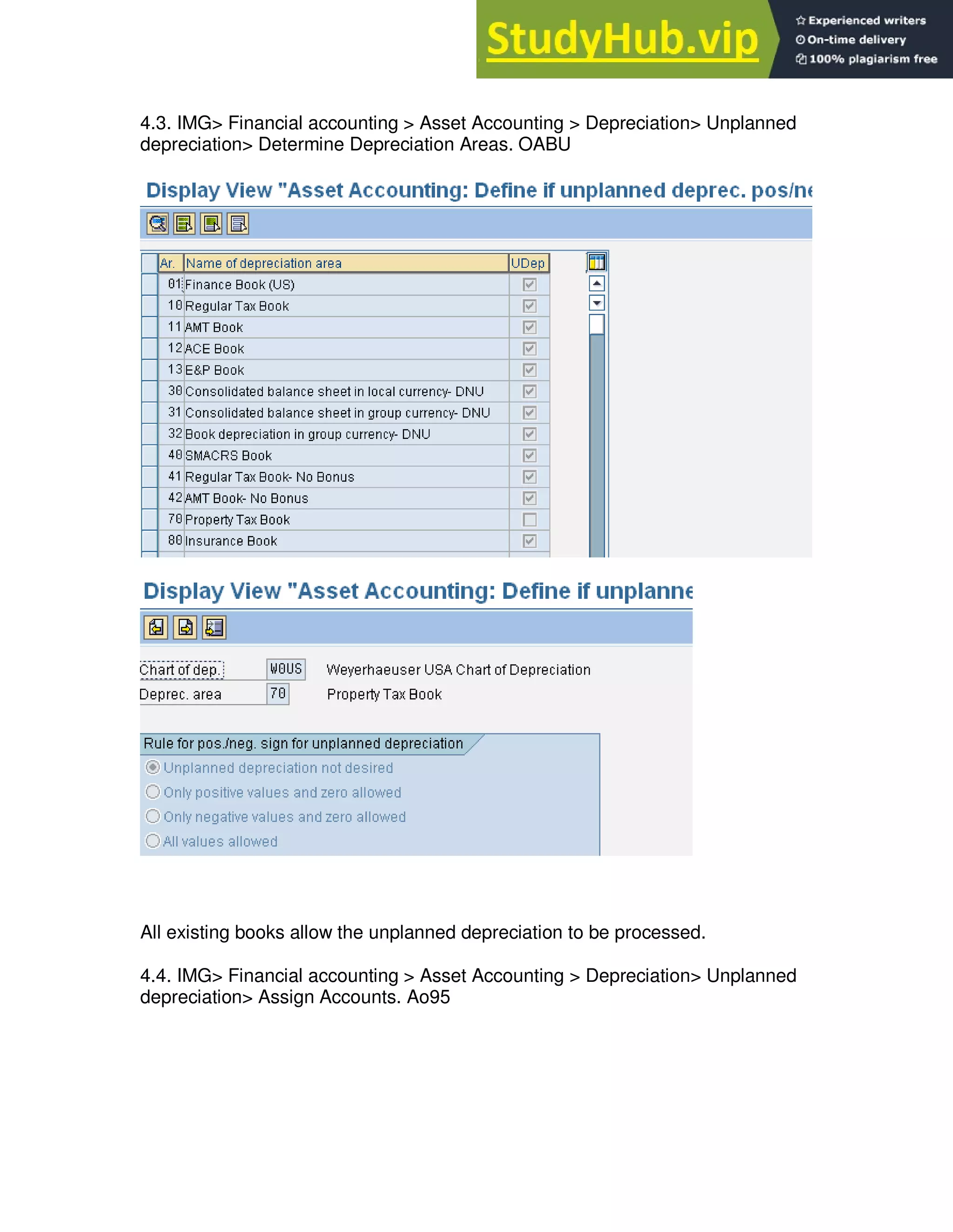 4.3. IMG> Financial accounting > Asset Accounting > Depreciation> Unplanned
depreciation> Determine Depreciation Areas. OABU
All existing books allow the unplanned depreciation to be processed.
4.4. IMG> Financial accounting > Asset Accounting > Depreciation> Unplanned
depreciation> Assign Accounts. Ao95
 