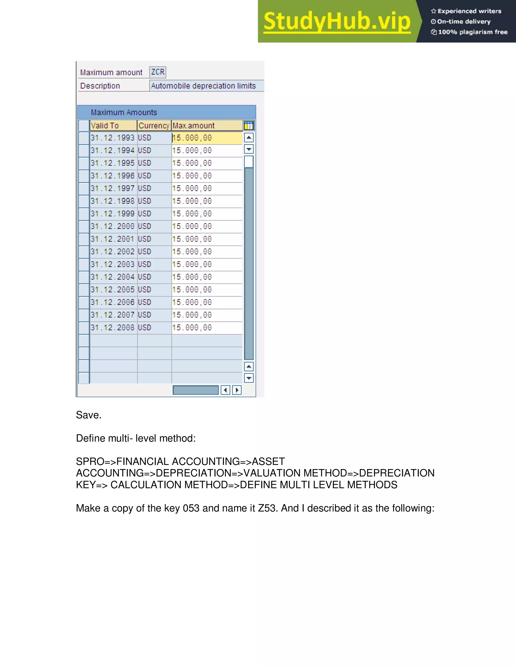 Save.
Define multi- level method:
SPRO=>FINANCIAL ACCOUNTING=>ASSET
ACCOUNTING=>DEPRECIATION=>VALUATION METHOD=>DEPRECIATION
KEY=> CALCULATION METHOD=>DEFINE MULTI LEVEL METHODS
Make a copy of the key 053 and name it Z53. And I described it as the following:
 