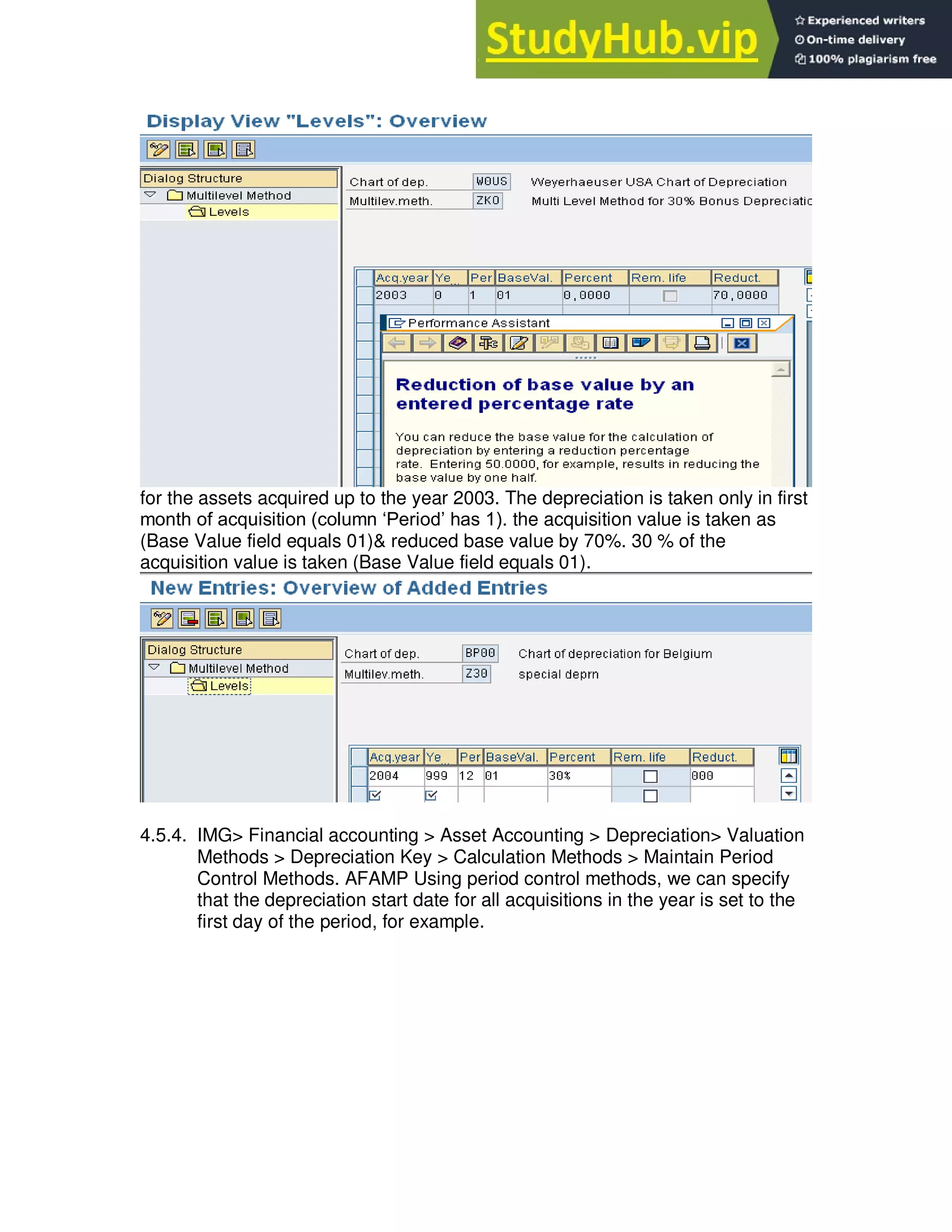for the assets acquired up to the year 2003. The depreciation is taken only in first
month of acquisition (column ‗Period‘ has 1). the acquisition value is taken as
(Base Value field equals 01)& reduced base value by 70%. 30 % of the
acquisition value is taken (Base Value field equals 01).
4.5.4. IMG> Financial accounting > Asset Accounting > Depreciation> Valuation
Methods > Depreciation Key > Calculation Methods > Maintain Period
Control Methods. AFAMP Using period control methods, we can specify
that the depreciation start date for all acquisitions in the year is set to the
first day of the period, for example.
 