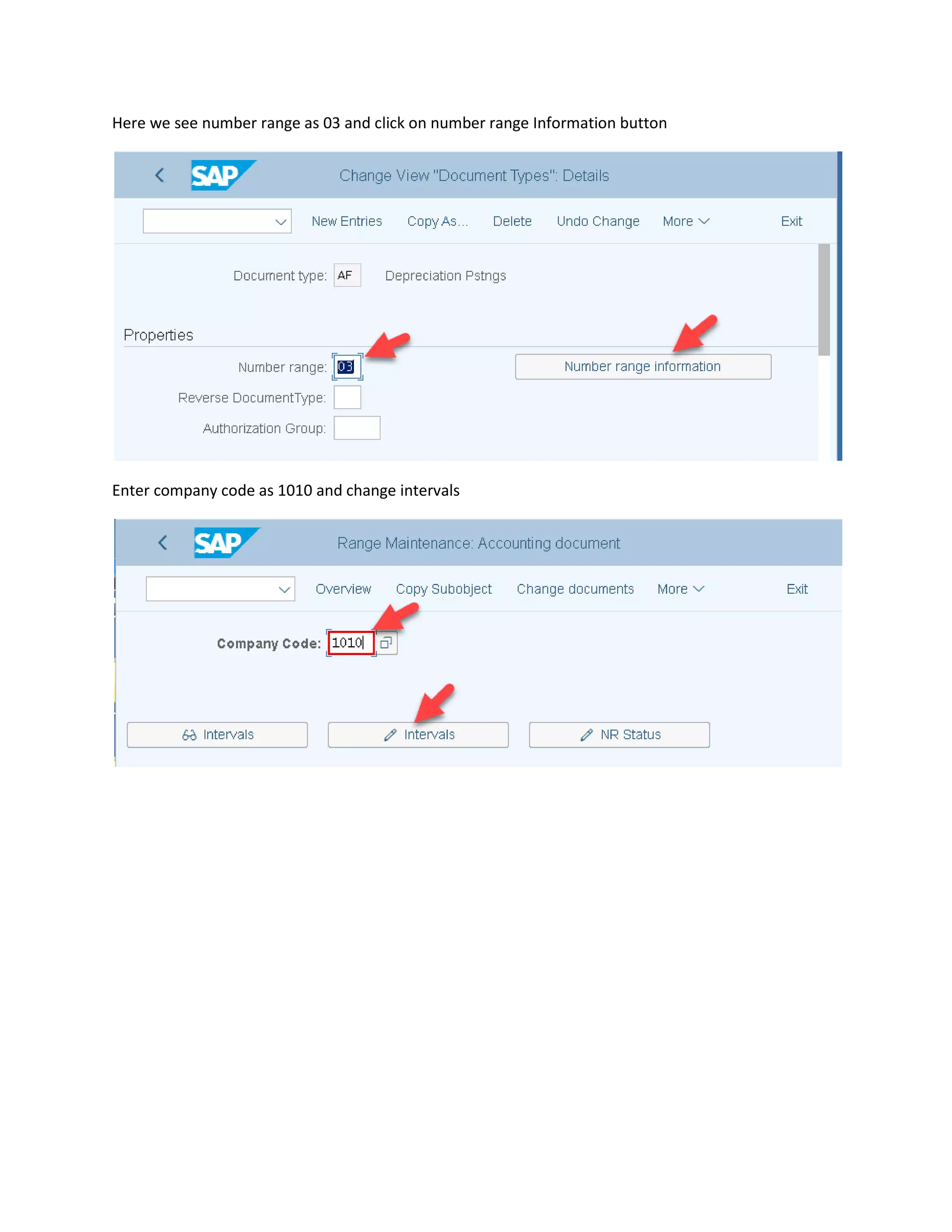 Here we see number range as 03 and click on number range Information button
Enter company code as 1010 and change intervals
 