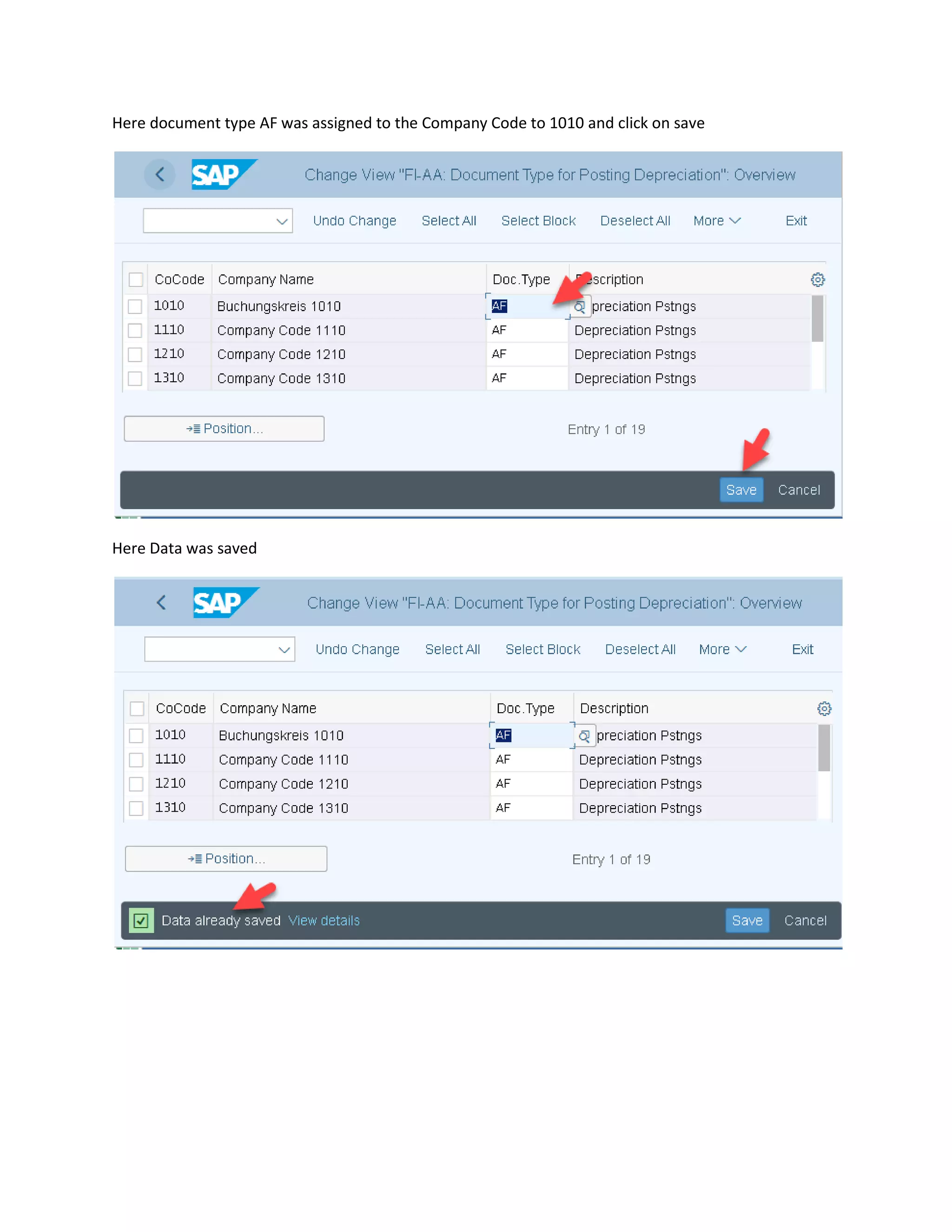 Here document type AF was assigned to the Company Code to 1010 and click on save
Here Data was saved
 
