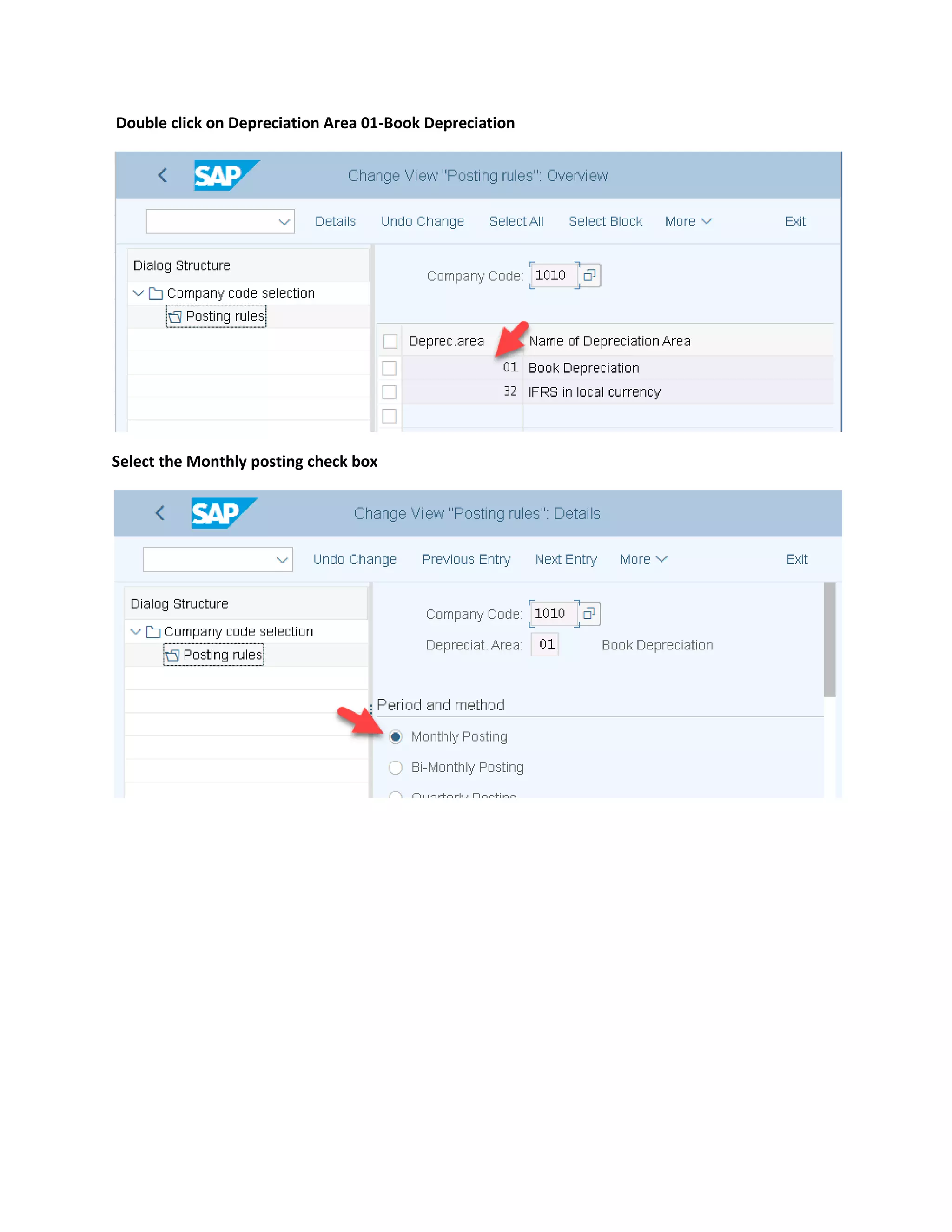 Double click on Depreciation Area 01-Book Depreciation
Select the Monthly posting check box
 