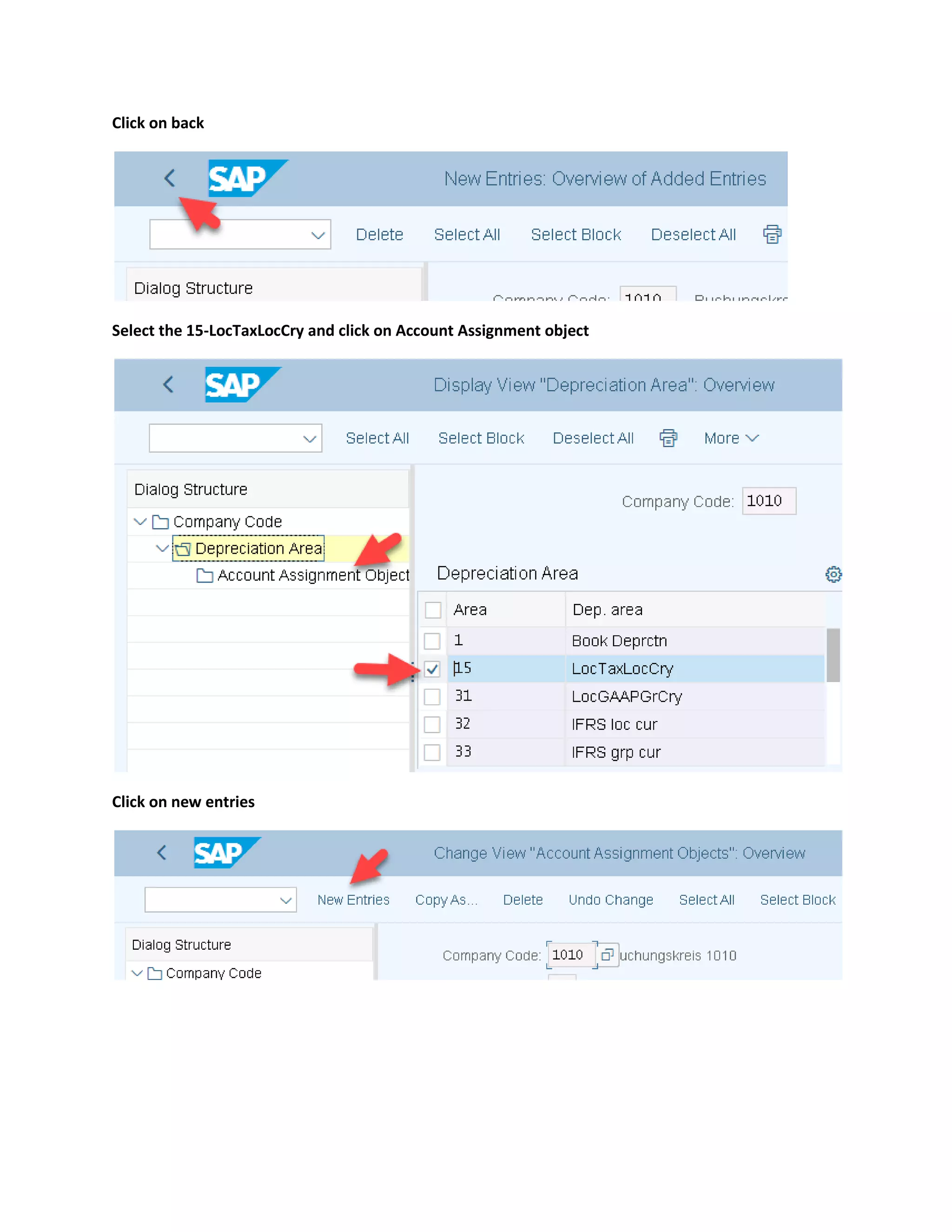Click on back
Select the 15-LocTaxLocCry and click on Account Assignment object
Click on new entries
 