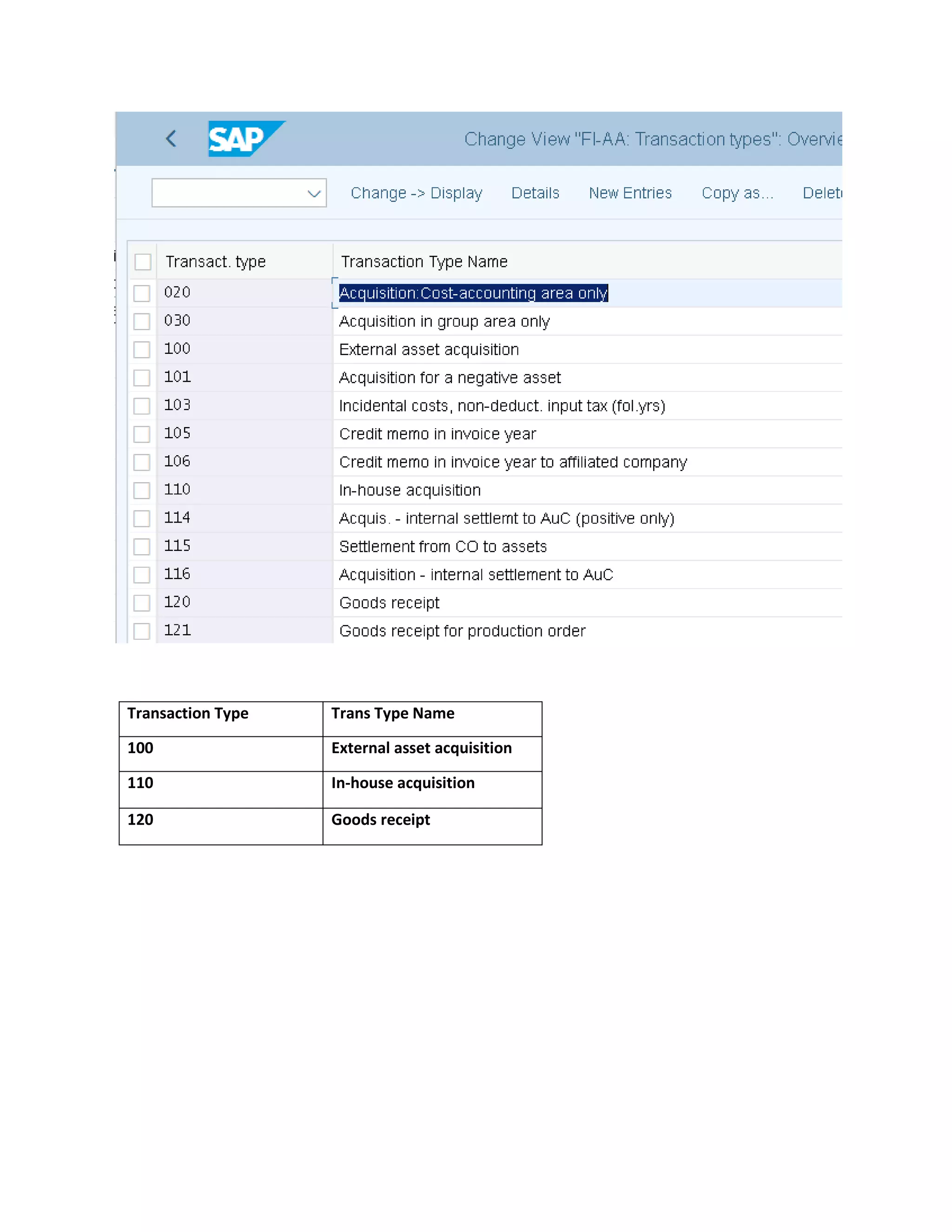 Transaction Type Trans Type Name
100 External asset acquisition
110 In-house acquisition
120 Goods receipt
 