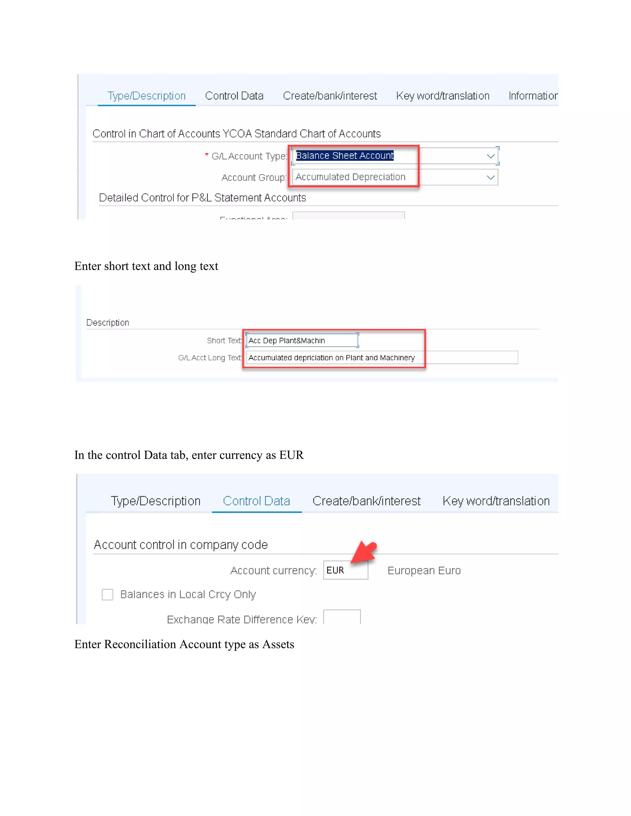 Enter short text and long text
In the control Data tab, enter currency as EUR
Enter Reconciliation Account type as Assets
 