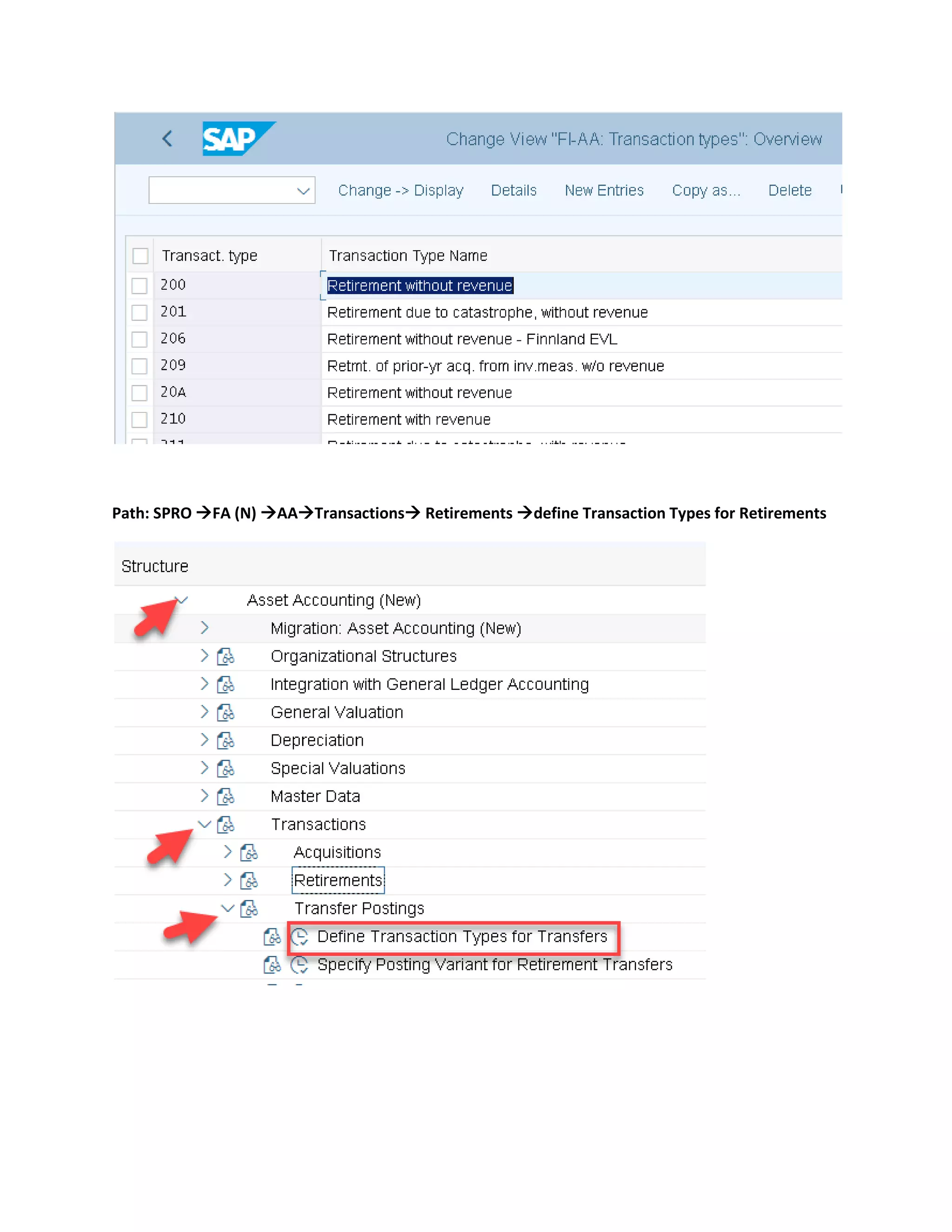 Path: SPRO →FA (N) →AA→Transactions→ Retirements →define Transaction Types for Retirements
 