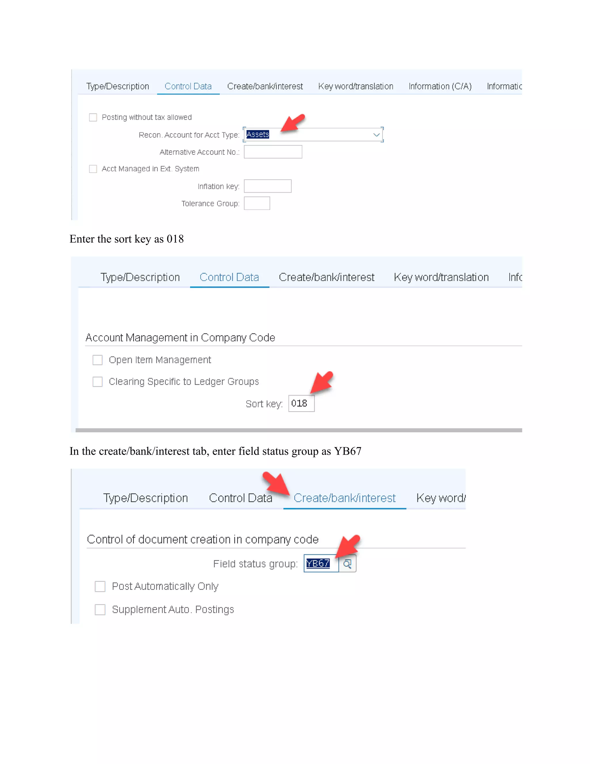 Enter the sort key as 018
In the create/bank/interest tab, enter field status group as YB67
 