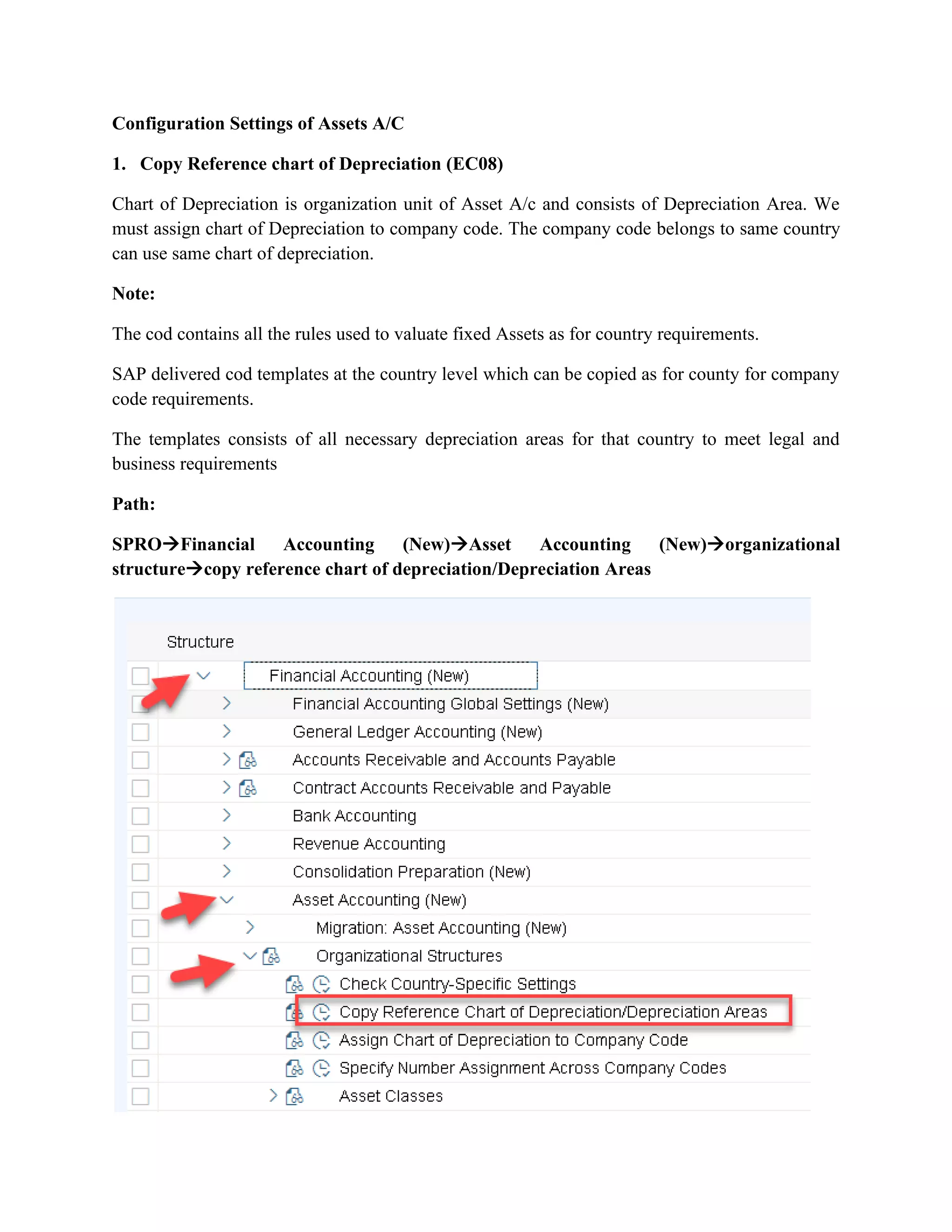 Configuration Settings of Assets A/C
1. Copy Reference chart of Depreciation (EC08)
Chart of Depreciation is organization unit of Asset A/c and consists of Depreciation Area. We
must assign chart of Depreciation to company code. The company code belongs to same country
can use same chart of depreciation.
Note:
The cod contains all the rules used to valuate fixed Assets as for country requirements.
SAP delivered cod templates at the country level which can be copied as for county for company
code requirements.
The templates consists of all necessary depreciation areas for that country to meet legal and
business requirements
Path:
SPRO→Financial Accounting (New)→Asset Accounting (New)→organizational
structure→copy reference chart of depreciation/Depreciation Areas
 