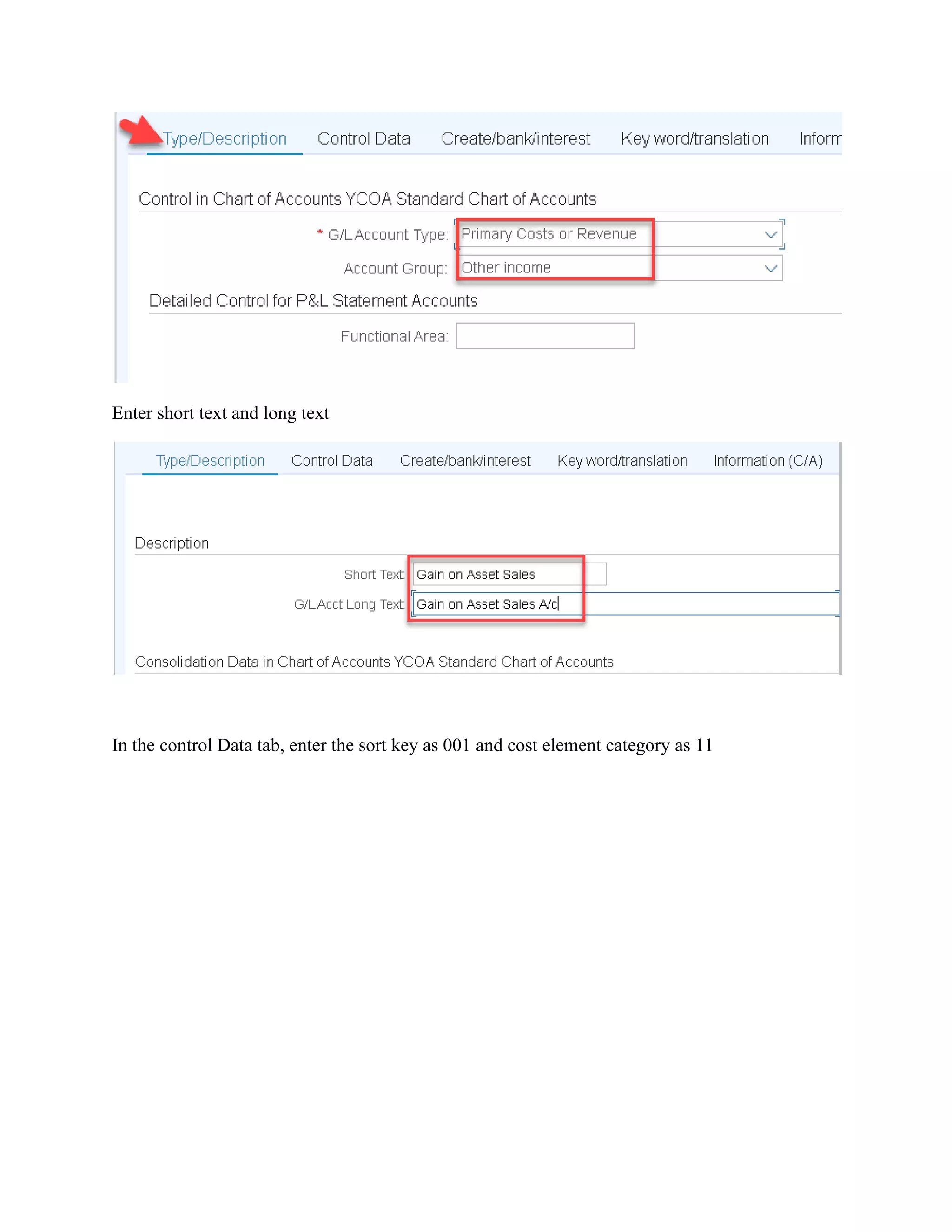 Enter short text and long text
In the control Data tab, enter the sort key as 001 and cost element category as 11
 
