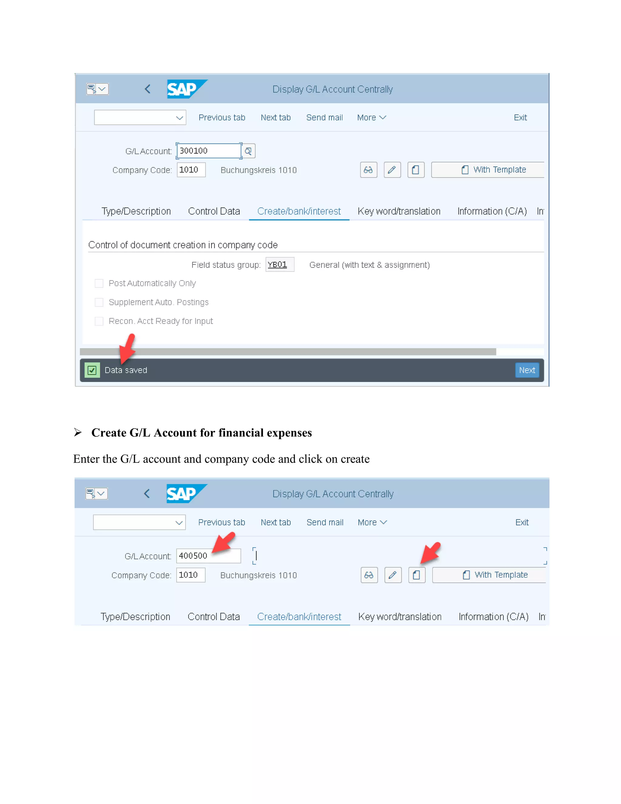 ➢ Create G/L Account for financial expenses
Enter the G/L account and company code and click on create
 
