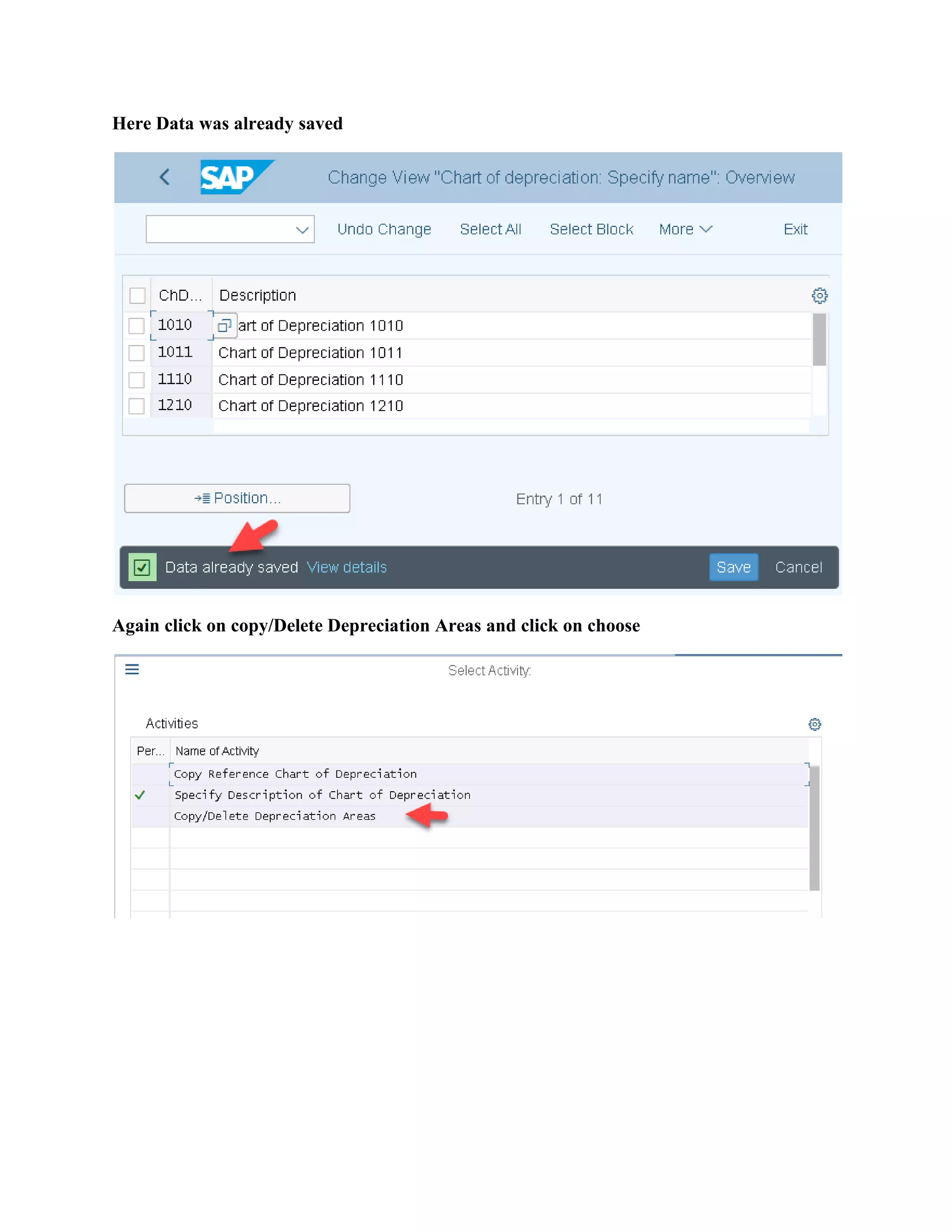 Here Data was already saved
Again click on copy/Delete Depreciation Areas and click on choose
 