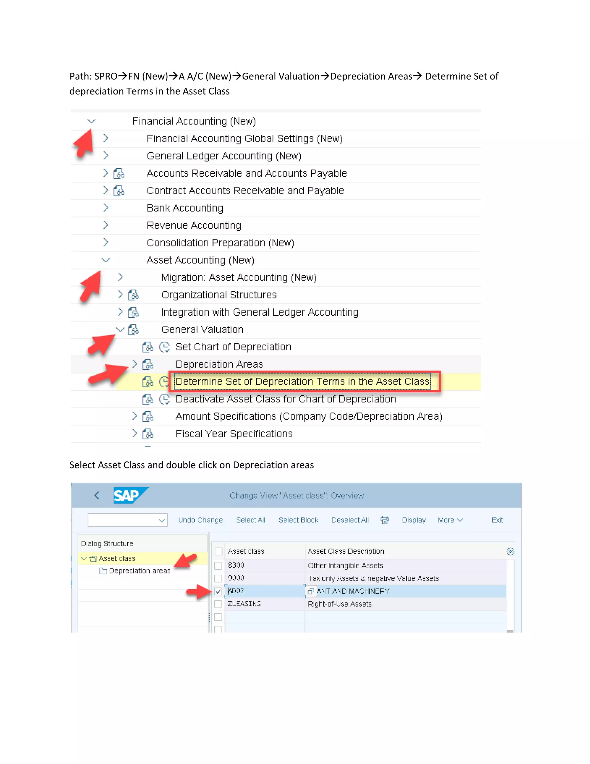 Path: SPRO→FN (New)→A A/C (New)→General Valuation→Depreciation Areas→ Determine Set of
depreciation Terms in the Asset Class
Select Asset Class and double click on Depreciation areas
 