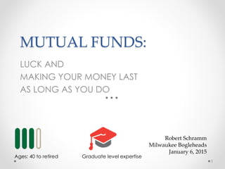 MUTUAL FUNDS:
LUCK AND
MAKING YOUR MONEY LAST
AS LONG AS YOU DO
Robert Schramm
Milwaukee Bogleheads
January 6, 2015
1
Ages: 40 to retired Graduate level expertise
 
