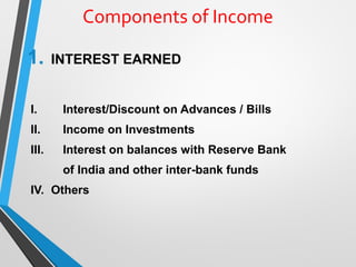 Components of Income
1. INTEREST EARNED
I. Interest/Discount on Advances / Bills
II. Income on Investments
III. Interest on balances with Reserve Bank
of India and other inter-bank funds
IV. Others
 