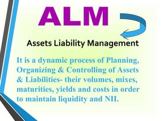 Assets Liability Management
It is a dynamic process of Planning,
Organizing & Controlling of Assets
& Liabilities- their volumes, mixes,
maturities, yields and costs in order
to maintain liquidity and NII.
 