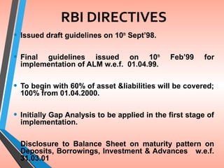 RBI DIRECTIVES
• Issued draft guidelines on 10th
Sept’98.
• Final guidelines issued on 10th
Feb’99 for
implementation of ALM w.e.f. 01.04.99.
• To begin with 60% of asset &liabilities will be covered;
100% from 01.04.2000.
• Initially Gap Analysis to be applied in the first stage of
implementation.
• Disclosure to Balance Sheet on maturity pattern on
Deposits, Borrowings, Investment & Advances w.e.f.
31.03.01
 