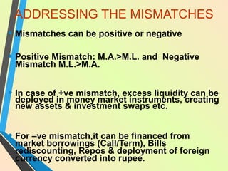 ADDRESSING THE MISMATCHES
• Mismatches can be positive or negative
• Positive Mismatch: M.A.>M.L. and Negative
Mismatch M.L.>M.A.
• In case of +ve mismatch, excess liquidity can be
deployed in money market instruments, creating
new assets & investment swaps etc.
• For –ve mismatch,it can be financed from
market borrowings (Call/Term), Bills
rediscounting, Repos & deployment of foreign
currency converted into rupee.
 