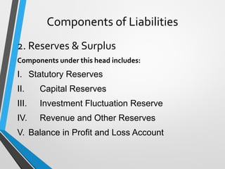 Components of Liabilities
2. Reserves & Surplus
Components under this head includes:
I. Statutory Reserves
II. Capital Reserves
III. Investment Fluctuation Reserve
IV. Revenue and Other Reserves
V. Balance in Profit and Loss Account
 