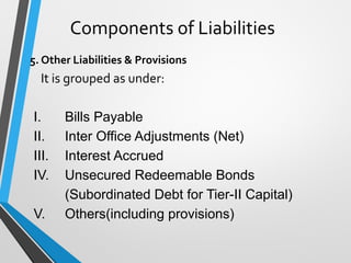Components of Liabilities
5. Other Liabilities & Provisions
It is grouped as under:
I. Bills Payable
II. Inter Office Adjustments (Net)
III. Interest Accrued
IV. Unsecured Redeemable Bonds
(Subordinated Debt for Tier-II Capital)
V. Others(including provisions)
 