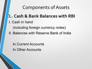 Components of Assets
1.Cash & Bank Balances with RBI
I. Cash in hand
(including foreign currency notes)
II. Balances with Reserve Bank of India
In Current Accounts
In Other Accounts
 