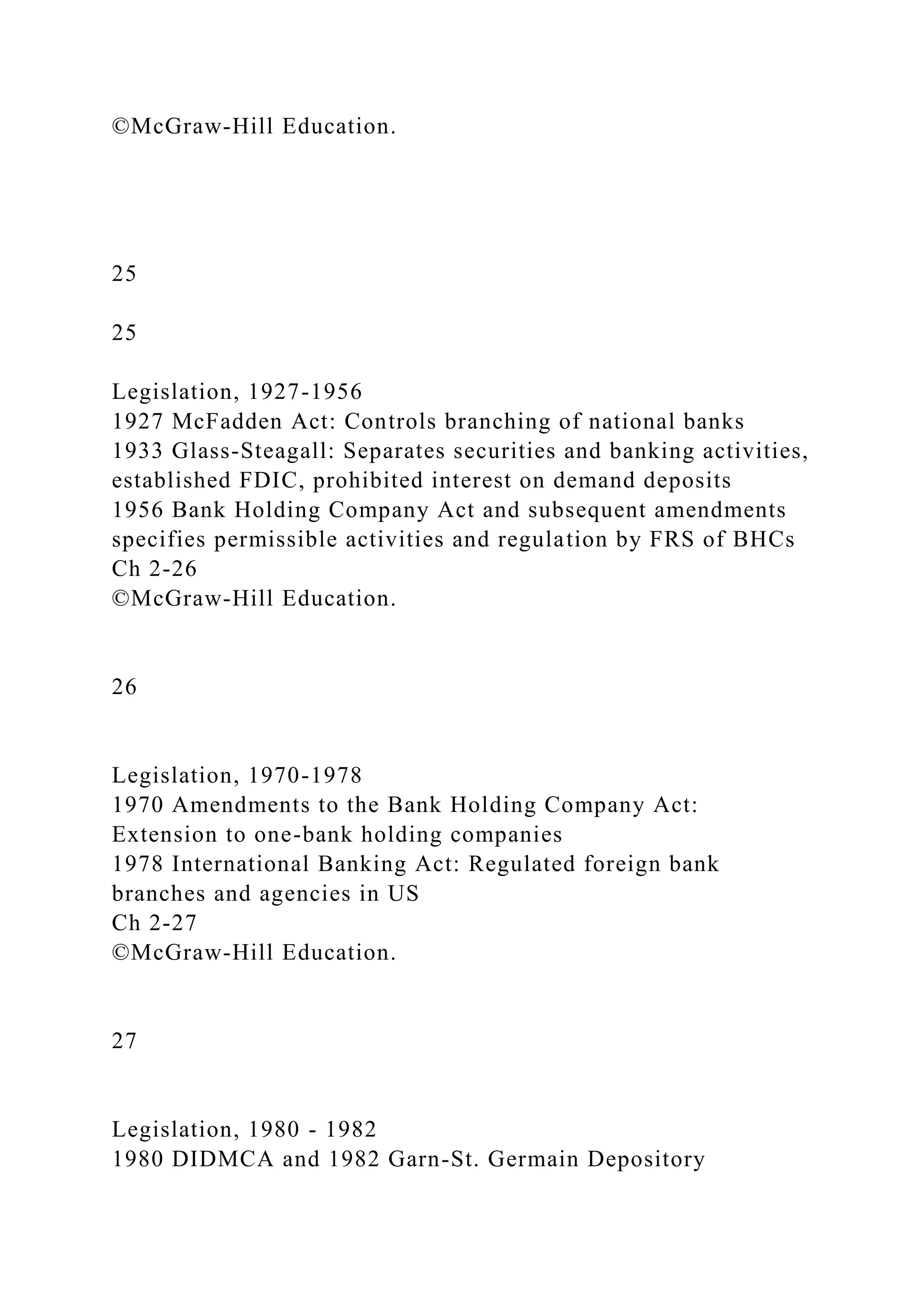 ©McGraw-Hill Education.
25
25
Legislation, 1927-1956
1927 McFadden Act: Controls branching of national banks
1933 Glass-Steagall: Separates securities and banking activities,
established FDIC, prohibited interest on demand deposits
1956 Bank Holding Company Act and subsequent amendments
specifies permissible activities and regulation by FRS of BHCs
Ch 2-26
©McGraw-Hill Education.
26
Legislation, 1970-1978
1970 Amendments to the Bank Holding Company Act:
Extension to one-bank holding companies
1978 International Banking Act: Regulated foreign bank
branches and agencies in US
Ch 2-27
©McGraw-Hill Education.
27
Legislation, 1980 - 1982
1980 DIDMCA and 1982 Garn-St. Germain Depository
 