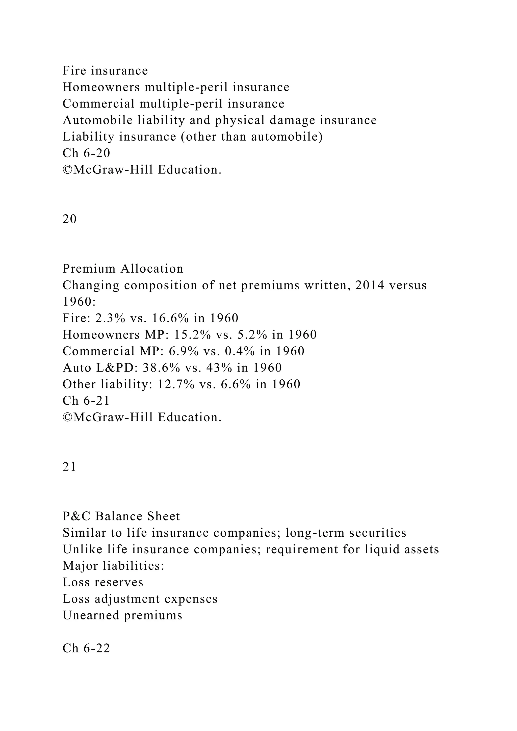 Fire insurance
Homeowners multiple-peril insurance
Commercial multiple-peril insurance
Automobile liability and physical damage insurance
Liability insurance (other than automobile)
Ch 6-20
©McGraw-Hill Education.
20
Premium Allocation
Changing composition of net premiums written, 2014 versus
1960:
Fire: 2.3% vs. 16.6% in 1960
Homeowners MP: 15.2% vs. 5.2% in 1960
Commercial MP: 6.9% vs. 0.4% in 1960
Auto L&PD: 38.6% vs. 43% in 1960
Other liability: 12.7% vs. 6.6% in 1960
Ch 6-21
©McGraw-Hill Education.
21
P&C Balance Sheet
Similar to life insurance companies; long-term securities
Unlike life insurance companies; requirement for liquid assets
Major liabilities:
Loss reserves
Loss adjustment expenses
Unearned premiums
Ch 6-22
 