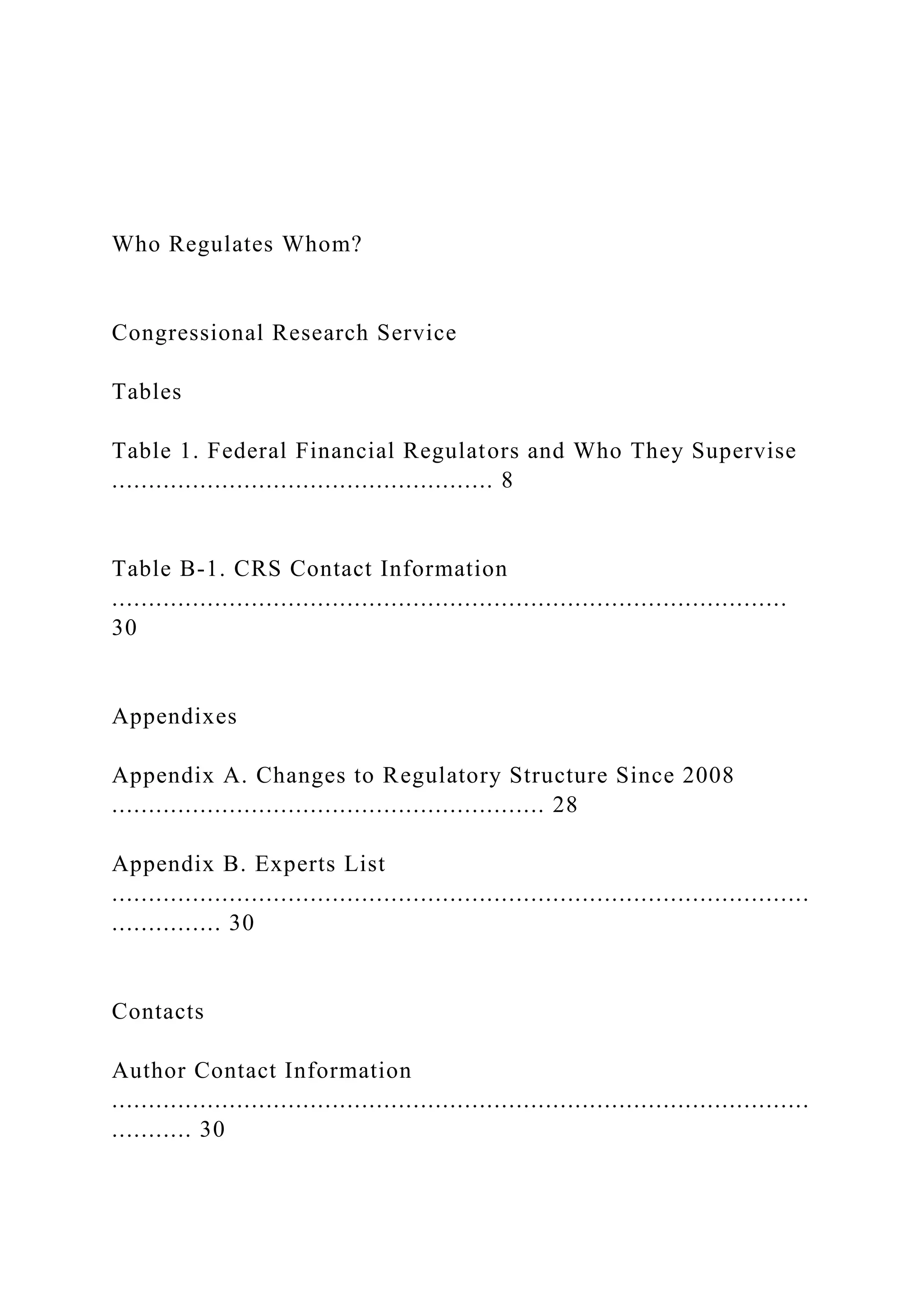 Who Regulates Whom?
Congressional Research Service
Tables
Table 1. Federal Financial Regulators and Who They Supervise
.................................................... 8
Table B-1. CRS Contact Information
............................................................................................
30
Appendixes
Appendix A. Changes to Regulatory Structure Since 2008
........................................................... 28
Appendix B. Experts List
...............................................................................................
............... 30
Contacts
Author Contact Information
...............................................................................................
........... 30
 