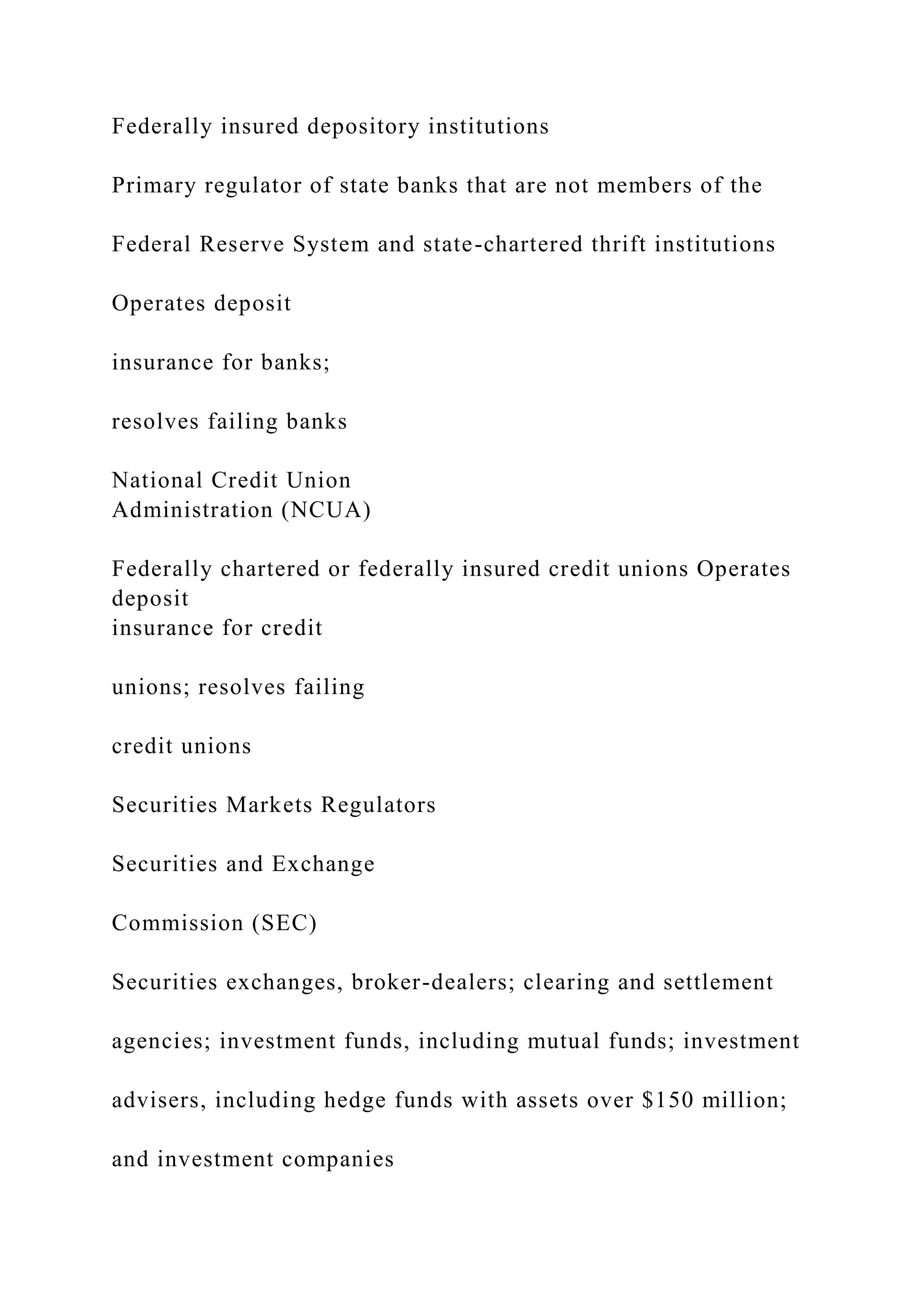 Federally insured depository institutions
Primary regulator of state banks that are not members of the
Federal Reserve System and state-chartered thrift institutions
Operates deposit
insurance for banks;
resolves failing banks
National Credit Union
Administration (NCUA)
Federally chartered or federally insured credit unions Operates
deposit
insurance for credit
unions; resolves failing
credit unions
Securities Markets Regulators
Securities and Exchange
Commission (SEC)
Securities exchanges, broker-dealers; clearing and settlement
agencies; investment funds, including mutual funds; investment
advisers, including hedge funds with assets over $150 million;
and investment companies
 