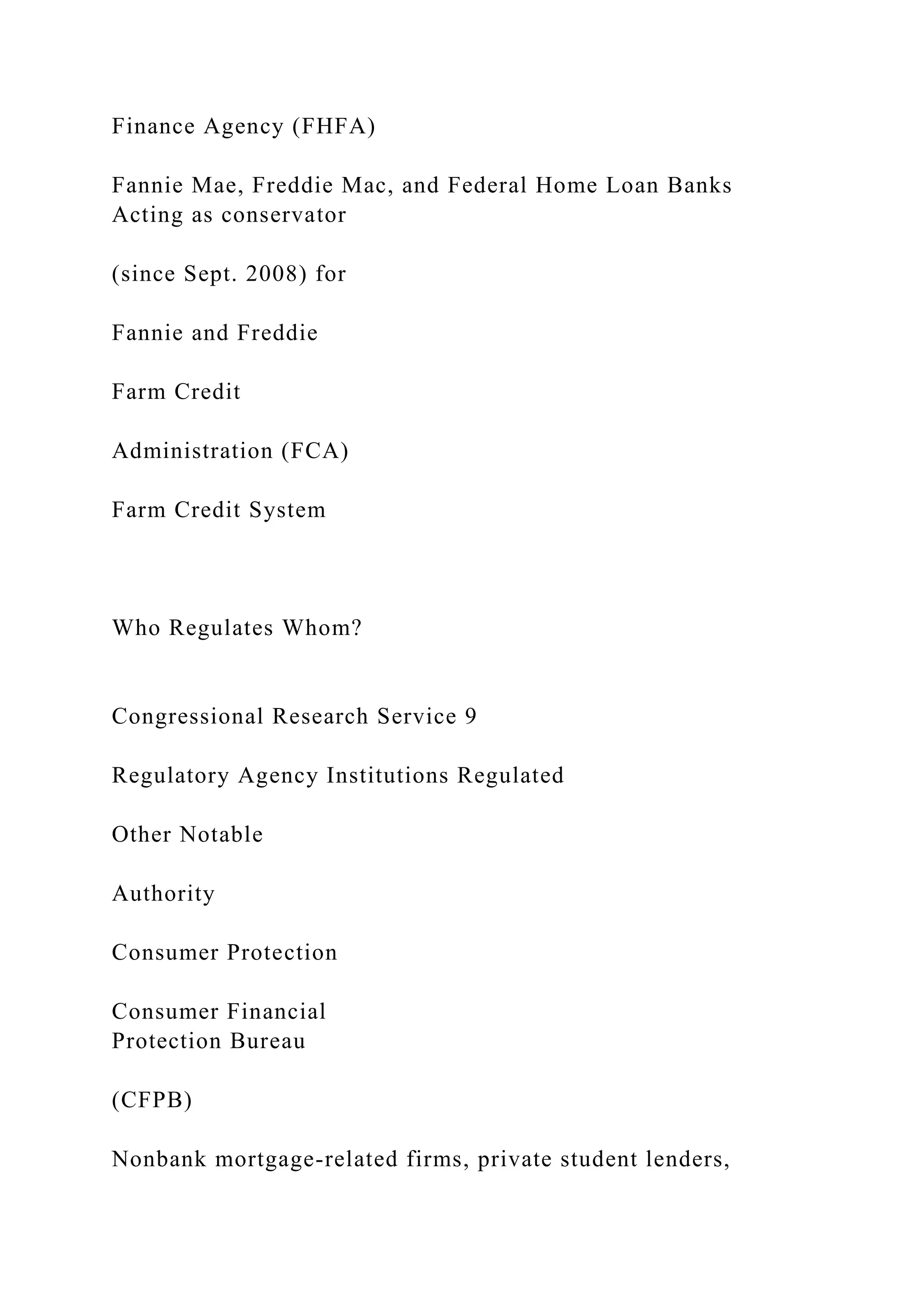 Finance Agency (FHFA)
Fannie Mae, Freddie Mac, and Federal Home Loan Banks
Acting as conservator
(since Sept. 2008) for
Fannie and Freddie
Farm Credit
Administration (FCA)
Farm Credit System
Who Regulates Whom?
Congressional Research Service 9
Regulatory Agency Institutions Regulated
Other Notable
Authority
Consumer Protection
Consumer Financial
Protection Bureau
(CFPB)
Nonbank mortgage-related firms, private student lenders,
 