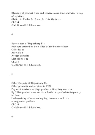 Blurring of product lines and services over time and wider array
of services
(Refer to Tables 2-1A and 2-1B in the text)
Ch 2-4
©McGraw-Hill Education.
4
Specialness of Depository FIs
Products offered on both sides of the balance sheet
Offer loans
Asset side
Accept deposits
Liabilities side
Ch 2-5
©McGraw-Hill Education.
5
Other Outputs of Depository FIs
Other products and services in 1950:
Payment services, savings products, fiduciary services
By 2016, products and services further expanded to frequently
include:
Underwriting of debt and equity, insurance and risk
management products
Ch 2-6
©McGraw-Hill Education.
6
 