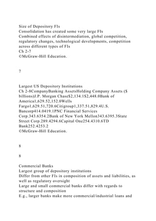 Size of Depository FIs
Consolidation has created some very large FIs
Combined effects of disintermediation, global competition,
regulatory changes, technological developments, competition
across different types of FIs
Ch 2-7
©McGraw-Hill Education.
7
Largest US Depository Institutions
Ch 2-8CompanyBanking AssetsHolding Company Assets ($
billions)J.P. Morgan Chase$2,134.1$2,448.0Bank of
America1,629.52,152.0Wells
Fargo1,629.51,720.6Citigroup1,337.51,829.4U.S.
Bancorp414.0419.1PNC Financial Services
Corp.343.6354.2Bank of New York Mellon343.6395.3State
Street Corp.289.4294.6Capital One254.4310.6TD
Bank252.4253.2
©McGraw-Hill Education.
8
8
Commercial Banks
Largest group of depository institutions
Differ from other FIs in composition of assets and liabilities, as
well as regulatory oversight
Large and small commercial banks differ with regards to
structure and composition
E.g., larger banks make more commercial/industrial loans and
 