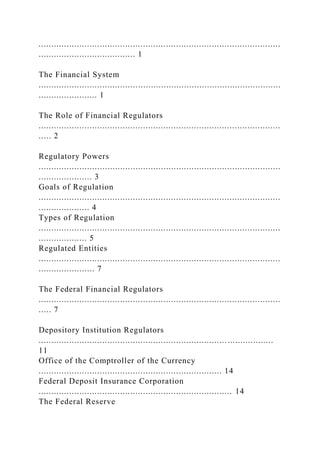 ...............................................................................................
...................................... 1
The Financial System
...............................................................................................
....................... 1
The Role of Financial Regulators
...............................................................................................
..... 2
Regulatory Powers
...............................................................................................
..................... 3
Goals of Regulation
...............................................................................................
.................... 4
Types of Regulation
...............................................................................................
................... 5
Regulated Entities
...............................................................................................
...................... 7
The Federal Financial Regulators
...............................................................................................
..... 7
Depository Institution Regulators
............................................................................................
11
Office of the Comptroller of the Currency
........................................................................ 14
Federal Deposit Insurance Corporation
............................................................................ 14
The Federal Reserve
 