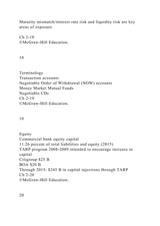 Maturity mismatch/interest rate risk and liquidity risk are key
areas of exposure
Ch 2-18
©McGraw-Hill Education.
18
Terminology
Transaction accounts
Negotiable Order of Withdrawal (NOW) accounts
Money Market Mutual Funds
Negotiable CDs
Ch 2-19
©McGraw-Hill Education.
19
Equity
Commercial bank equity capital
11.26 percent of total liabilities and equity (2015)
TARP program 2008-2009 intended to encourage increase in
capital
Citigroup $25 B
BOA $20 B
Through 2015: $245 B in capital injections through TARP
Ch 2-20
©McGraw-Hill Education.
20
 