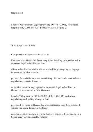 Regulation
Source: Government Accountability Office (GAO), Financial
Regulation, GAO-16-175, February 2016, Figure 2.
Who Regulates Whom?
Congressional Research Service 11
Furthermore, financial firms may form holding companies with
separate legal subsidiaries that
allow subsidiaries within the same holding company to engage
in more activities than is
permissible within any one subsidiary. Because of charter-based
regulation, certain financial
activities must be segregated in separate legal subsidiaries.
However, as a result of the Gramm-
Leach-Bliley Act in 1999 (GLBA; P.L. 106-102) and other
regulatory and policy changes that
preceded it, these different legal subsidiaries may be contained
within the same financial holding
companies (i.e., conglomerates that are permitted to engage in a
broad array of financially related
 