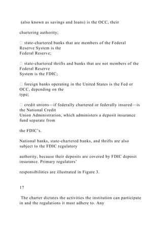 (also known as savings and loans) is the OCC, their
chartering authority;
-chartered banks that are members of the Federal
Reserve System is the
Federal Reserve;
-chartered thrifts and banks that are not members of the
Federal Reserve
System is the FDIC;
reign banks operating in the United States is the Fed or
OCC, depending on the
type;
—if federally chartered or federally insured—is
the National Credit
Union Administration, which administers a deposit insurance
fund separate from
the FDIC’s.
National banks, state-chartered banks, and thrifts are also
subject to the FDIC regulatory
authority, because their deposits are covered by FDIC deposit
insurance. Primary regulators’
responsibilities are illustrated in Figure 3.
17
The charter dictates the activities the institution can participate
in and the regulations it must adhere to. Any
 