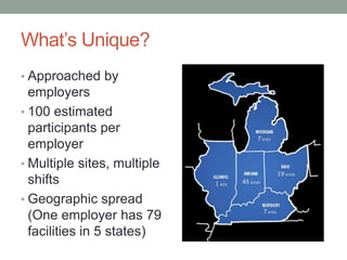 What’s Unique?
• Approached by

employers
• 100 estimated
participants per
employer
• Multiple sites, multiple
shifts
• Geographic spread
(One employer has 79
facilities in 5 states)

 