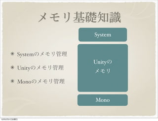 メモリ基礎知識
Systemのメモリ管理
Unityのメモリ管理
Monoのメモリ管理
System
Unityの
メモリ
Mono
13年5月31日金曜日
 