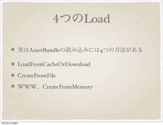 4つのLoad
実はAssetBundleの読み込みには4つの方法がある
LoadFromCacheOrDownload
CreateFromFile
WWW、CreateFromMemory
13年5月31日金曜日
 