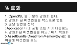 암호화
1. OpenSSL 을 이용해 암호화 한다.
2. 암호화 된 에셋번들을 텍스트로 변환
3. 전달 방법을 선택
: Application 내에 포함 또는 서버 다운로드
4. 암호화된 에셋번들을 메모리에서 복호화
5.AssetBundle.CreatFromMemory(byte[]) 를
이용해 에셋번들 로드

 