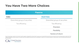 Asset Class
Diversified group of securities
Tax efficiency
Precision
Flexibility
Diversified group of securities
Tax efficiency
Precision
Flexibility
Factors of return
You Have Two More Choices
Index investing targets a specific set of securities at specific weights as designated by an index provider, with the risks associated with that particular part of the market. Asset class investing targets a specific part of the
market by maintaining consistent exposure to securities which fit the targeted characteristics but are not beholden to a specific list of securities provided by an index provider, with risks associated with that particular
part of the market.
Passive
Index
Diversified group of securities
Tax efficiency
 