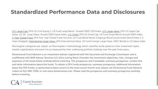 Standardized Performance Data and Disclosures
U.S. Large Cap: DFA US Core Equity 1, US Fund Large Blend, Russell 3000 USD Index. U.S. Large Value: DFA US Large Cap
Value, US OE Large Value, Russell 1000 Value Index. U.S. Small: DFA US Small Cap, US Fund Small Blend, Russell 2000 Index.
5-Year Global Fixed: DFA Five-Year Global Fixed-Income, US Fund World Bond, Citigroup World Government Bond Index 1-5
Years (hedged). International Large Value: DFA International Value, US Fund Foreign Large Value, MSCI World ex US Value Index
Morningstar categories are based on Morningstar’s methodology which classifies funds based on their investment styles,
market capitalization and asset mix as measured by their underlying portfolio holdings over the past three years.
Dimensional Fund Advisors is an investment advisor registered with the Securities and Exchange Commission and is
unaffiliated with BAM Advisor Services LLC d/b/a Loring Ward. Consider the investment objectives, risks, charges and
expenses of the funds listed carefully before investing. The prospectus and if available, summary prospectus, contain this
and other information about the funds. To obtain a DFA Funds prospectus, summary prospectus, additional information
about the DFA Funds, or performance data current to the most recent month-end, please call Dimensional Fund Advisors
collect at 512-306-7400; or visit www.dimensional.com. Please read the prospectus and summary prospectus carefully
before investing.
 