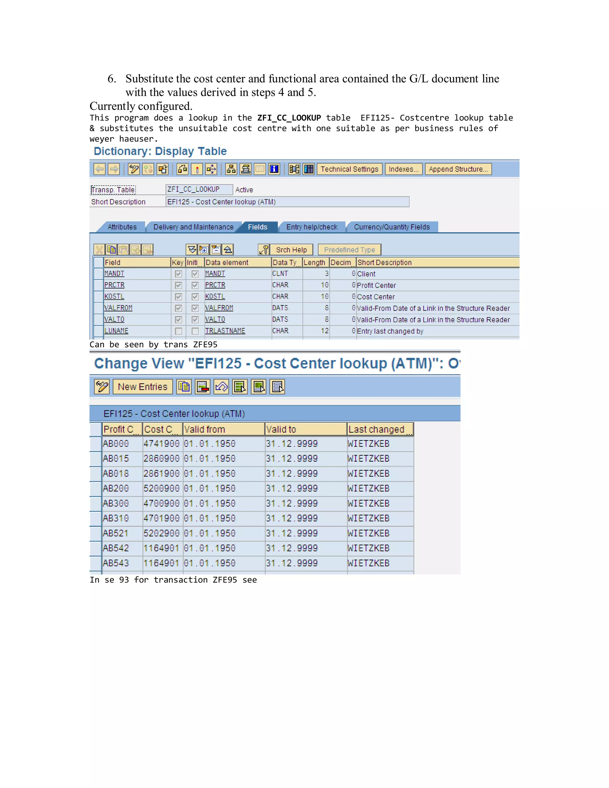 6. Substitute the cost center and functional area contained the G/L document line
with the values derived in steps 4 and 5.
Currently configured.
This program does a lookup in the ZFI_CC_LOOKUP table EFI125- Costcentre lookup table
& substitutes the unsuitable cost centre with one suitable as per business rules of
weyer haeuser.
Can be seen by trans ZFE95
In se 93 for transaction ZFE95 see
 