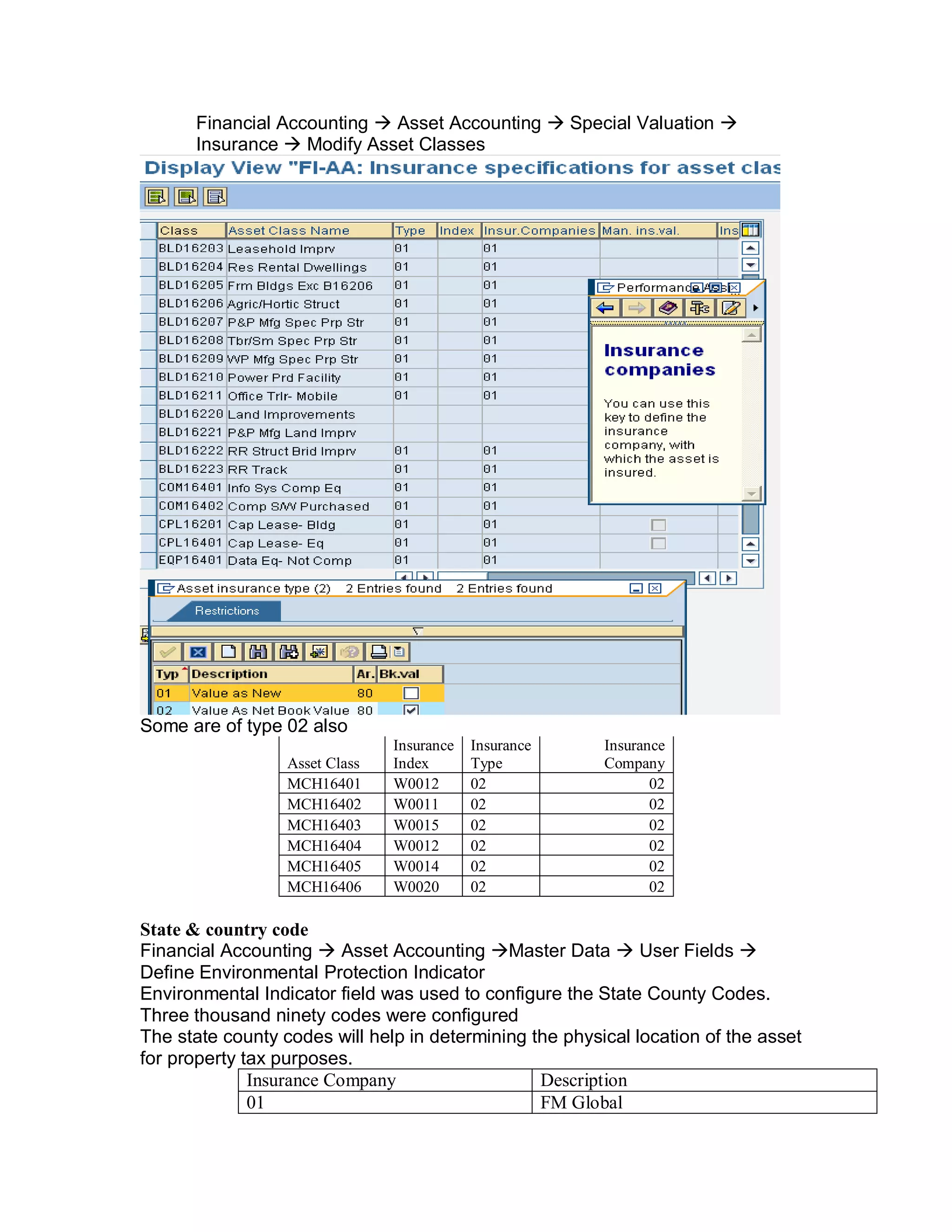 Financial Accounting  Asset Accounting  Special Valuation 
Insurance  Modify Asset Classes
Some are of type 02 also
Asset Class
Insurance
Index
Insurance
Type
Insurance
Company
MCH16401 W0012 02 02
MCH16402 W0011 02 02
MCH16403 W0015 02 02
MCH16404 W0012 02 02
MCH16405 W0014 02 02
MCH16406 W0020 02 02
State & country code
Financial Accounting  Asset Accounting Master Data  User Fields 
Define Environmental Protection Indicator
Environmental Indicator field was used to configure the State County Codes.
Three thousand ninety codes were configured
The state county codes will help in determining the physical location of the asset
for property tax purposes.
Insurance Company Description
01 FM Global
 
