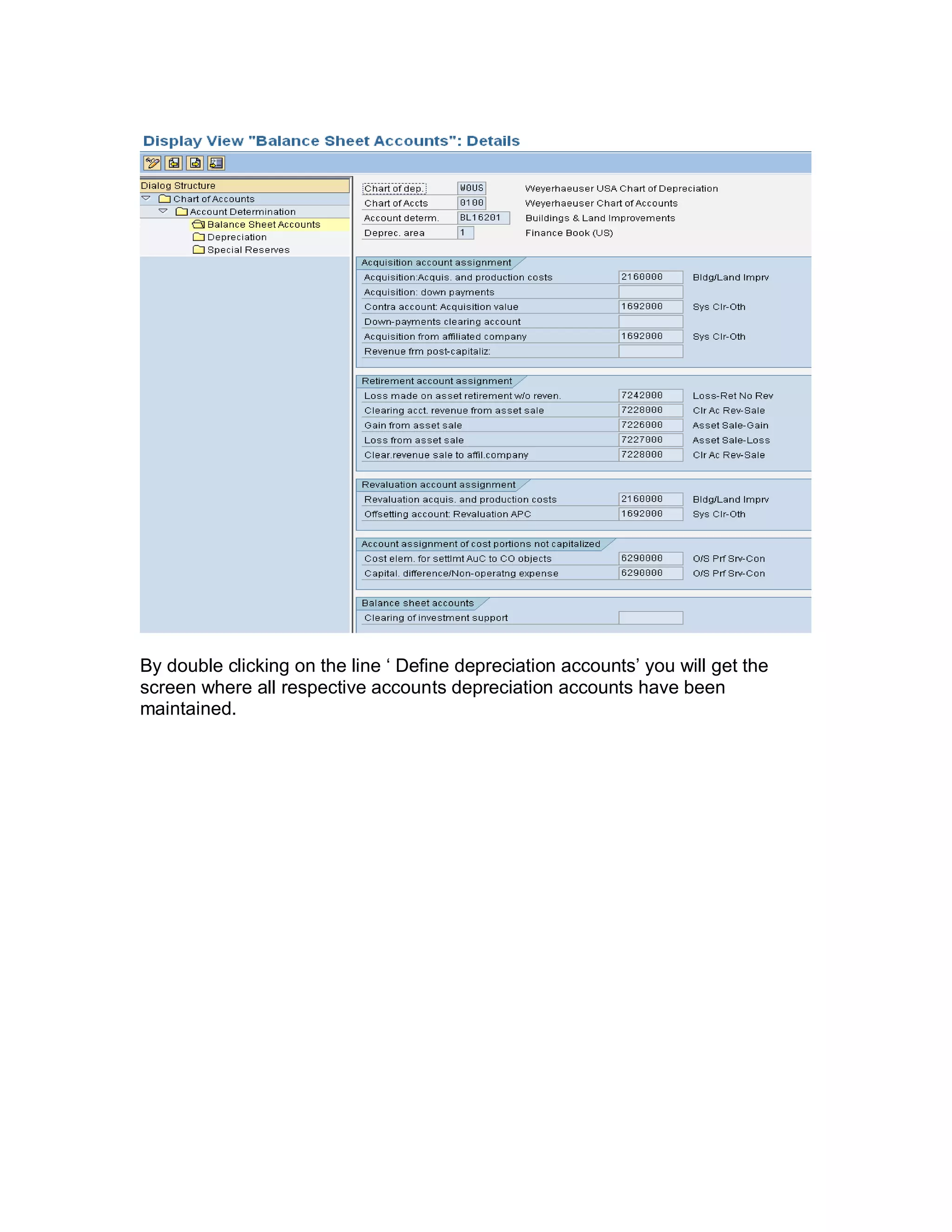 By double clicking on the line ‗ Define depreciation accounts‘ you will get the
screen where all respective accounts depreciation accounts have been
maintained.
 
