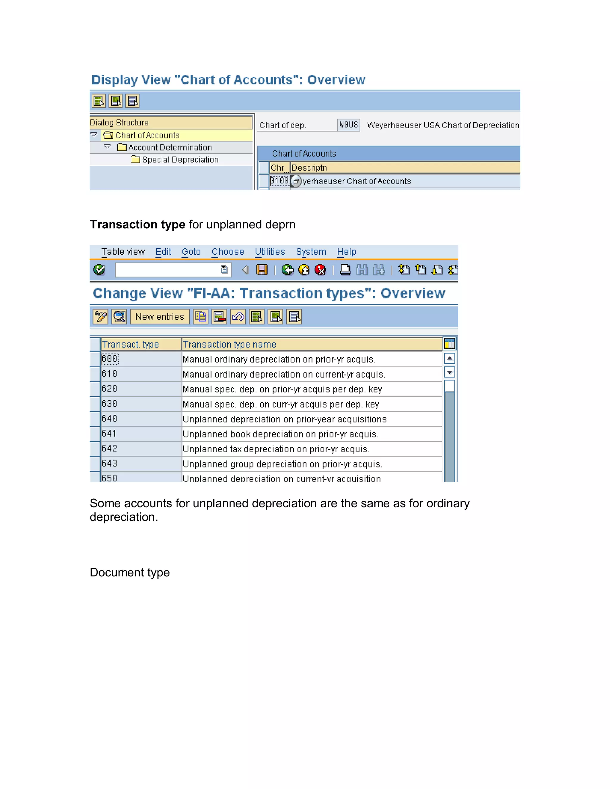 Transaction type for unplanned deprn
Some accounts for unplanned depreciation are the same as for ordinary
depreciation.
Document type
 
