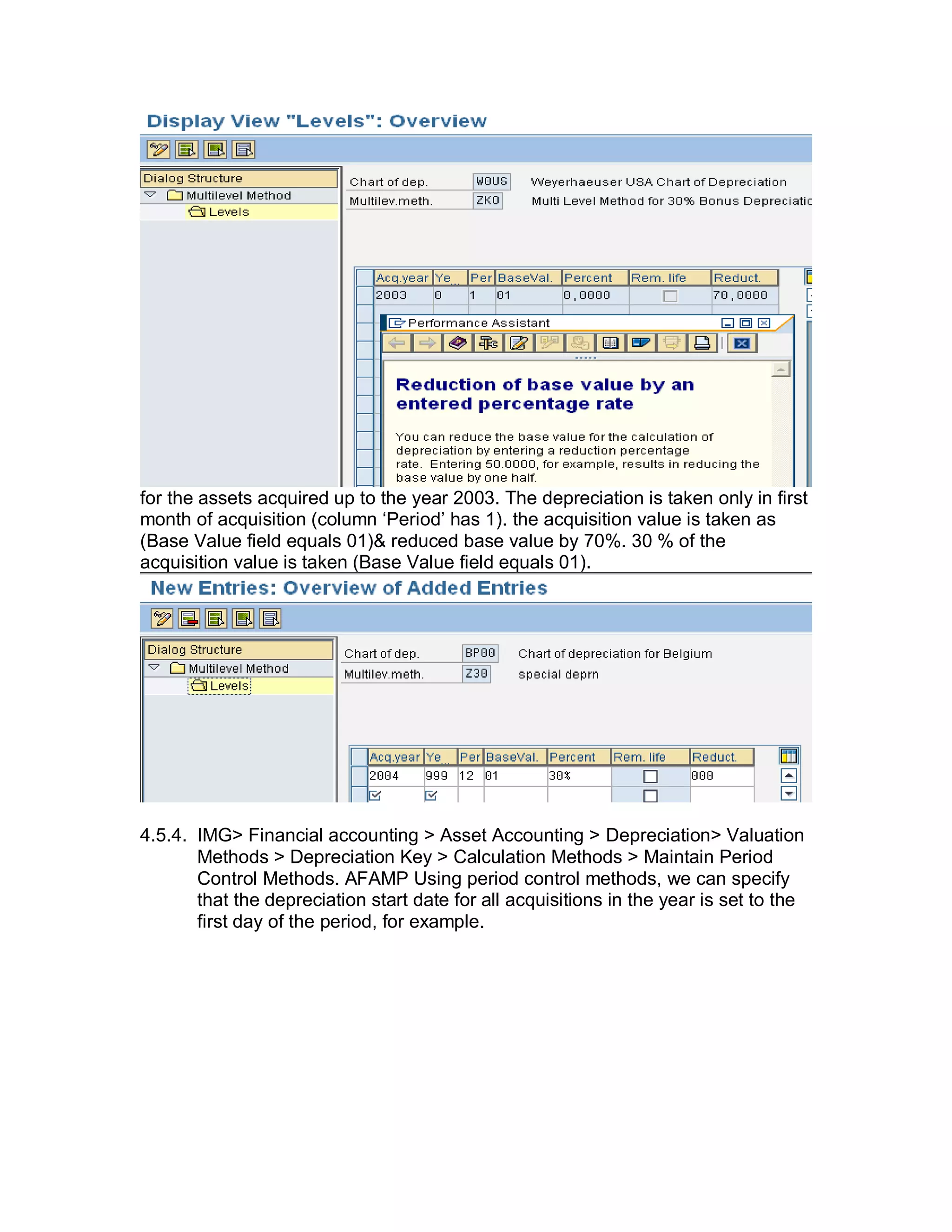 for the assets acquired up to the year 2003. The depreciation is taken only in first
month of acquisition (column ‗Period‘ has 1). the acquisition value is taken as
(Base Value field equals 01)& reduced base value by 70%. 30 % of the
acquisition value is taken (Base Value field equals 01).
4.5.4. IMG> Financial accounting > Asset Accounting > Depreciation> Valuation
Methods > Depreciation Key > Calculation Methods > Maintain Period
Control Methods. AFAMP Using period control methods, we can specify
that the depreciation start date for all acquisitions in the year is set to the
first day of the period, for example.
 